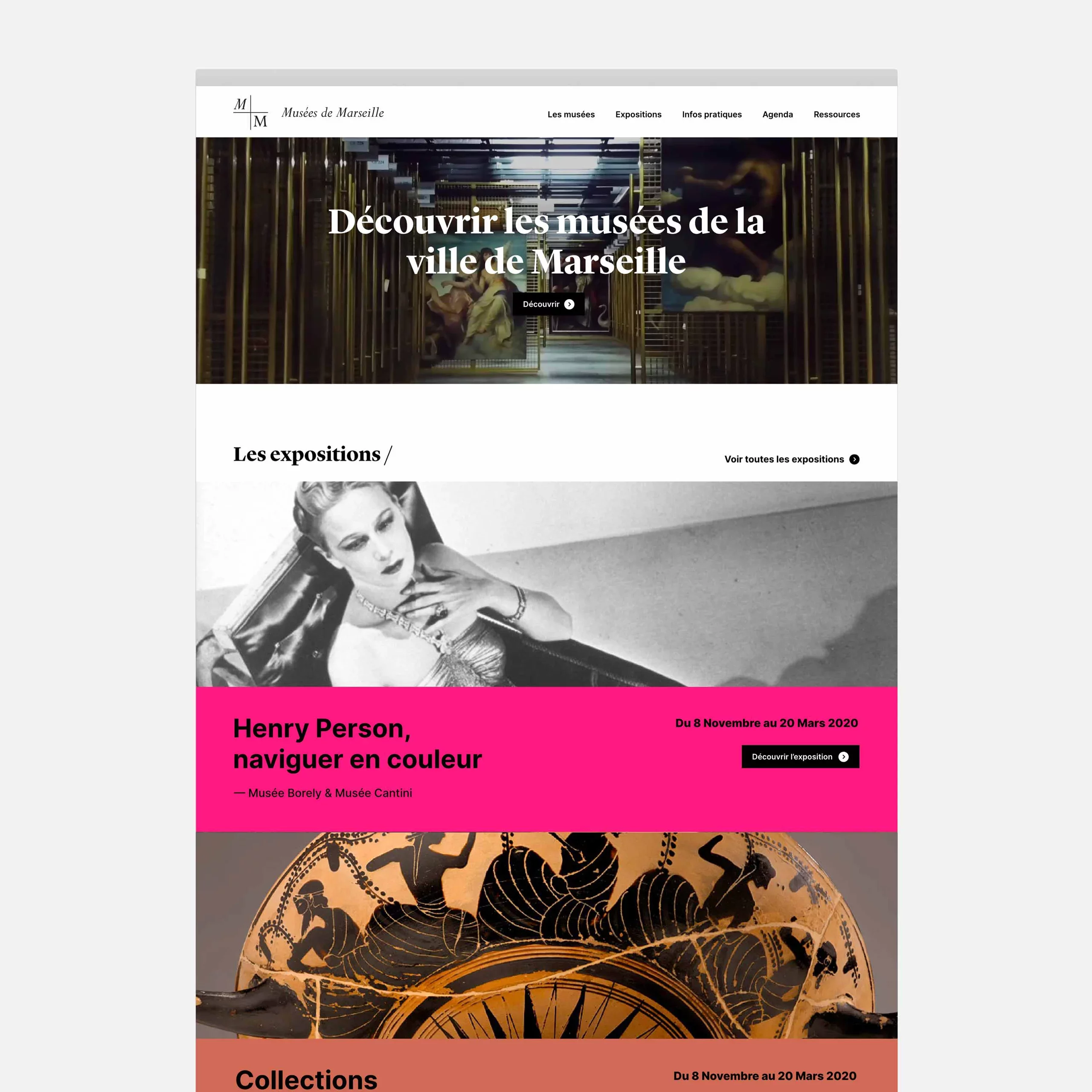 Maquette de la page d'accueil du site Musées de Marseille, avec une grande image et un applat de couleur différente pour chaque exposition à la une