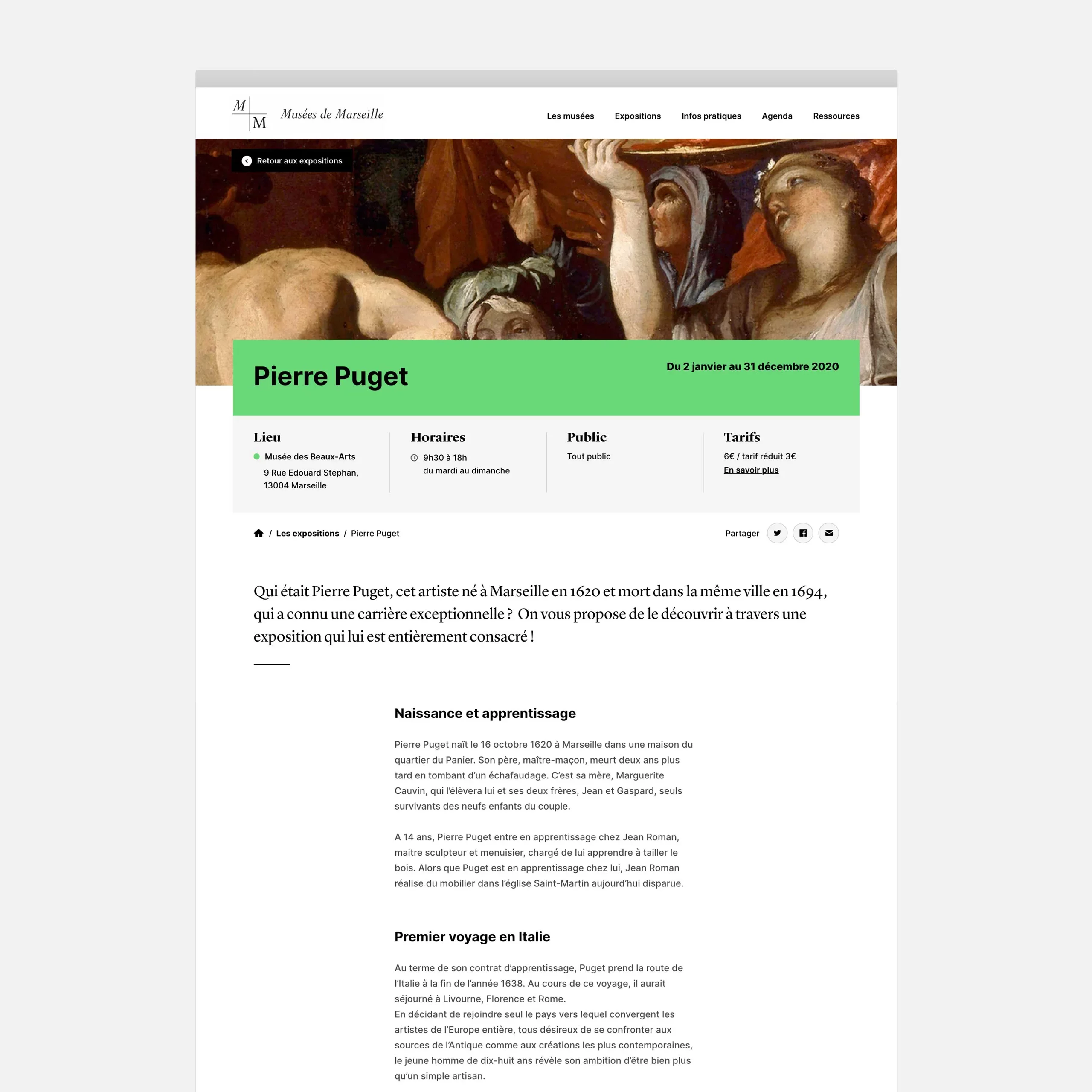 Maquette de la page détail d'un musée, avec de grandes respirations blanches et la touche de couleur associée à ce musée