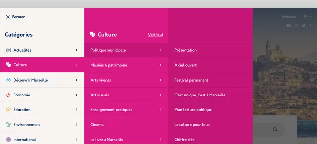 Design UX/UI desktop du menu déployé du site de la ville de Marseille