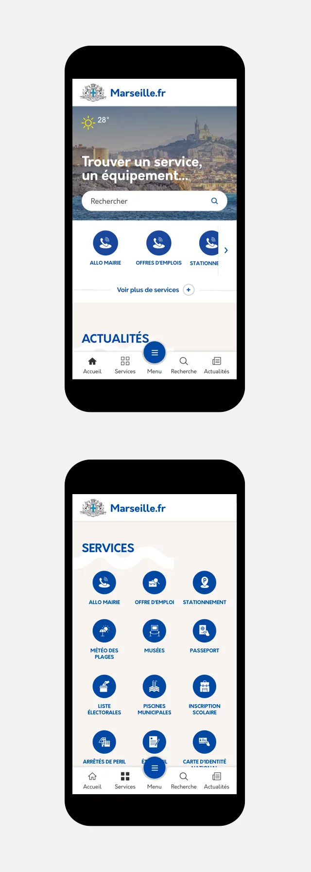 Design UX/UI mobile de la page d'accueil du site de la ville de Marseille