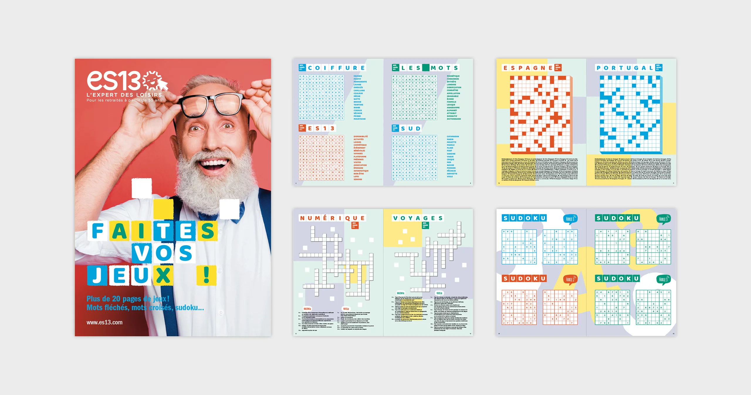 Couverture et pages intérieures de la brochure jeux. Mots croisés, mots fléchés, sudoku... mise en page avec des couleurs vives