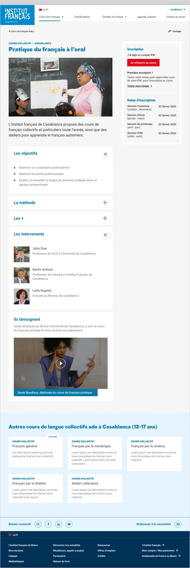 Design UX/UI desktop de la page détail des cours de français du site de l'Institut français du Maroc