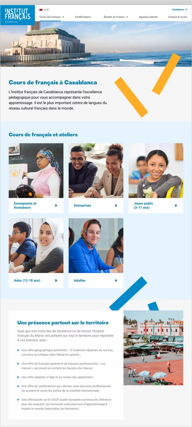 Design UX/UI desktop de la page des cours de français du site de l'Institut français du Maroc