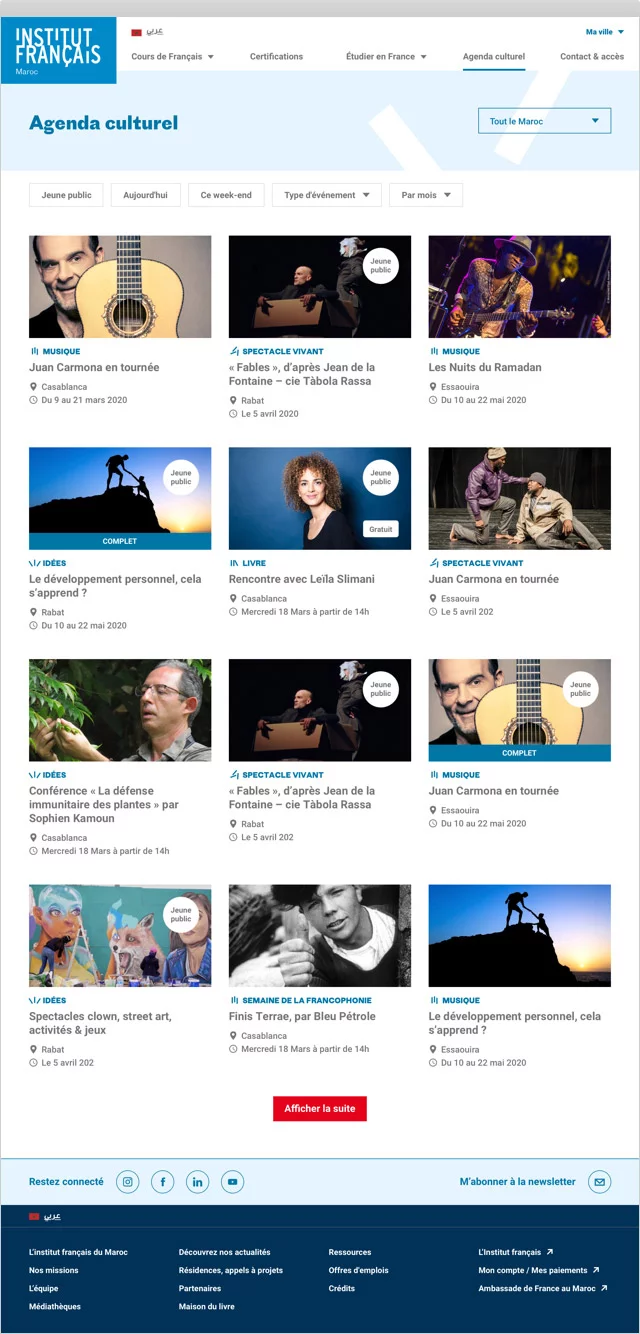 Design UX/UI desktop de la page agenda du site de l'Institut français du Maroc