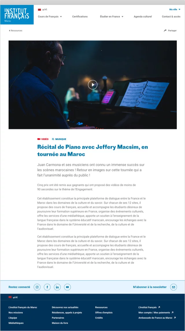 Design UX/UI desktop d'une page média du site de l'IFM sur le site de l'Institut français du Maroc