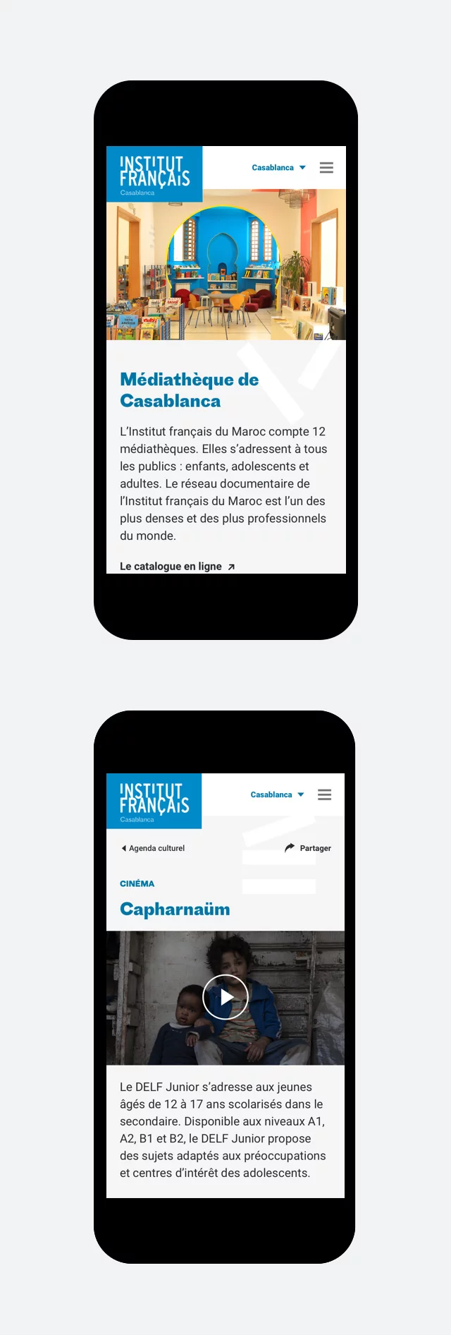 Déclinaison des pages sur format mobile pour montrer l'adaptation responsive