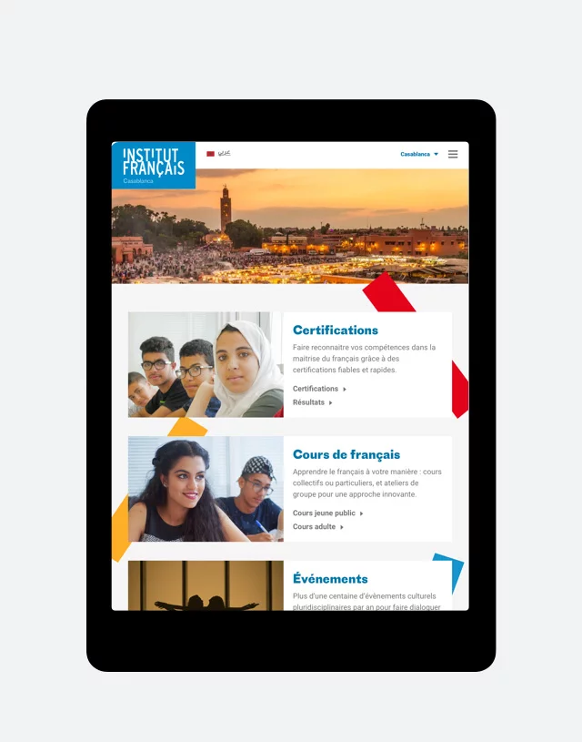 Design UX/UI tablette de la page d'accueil du site de l'Institut français du Maroc