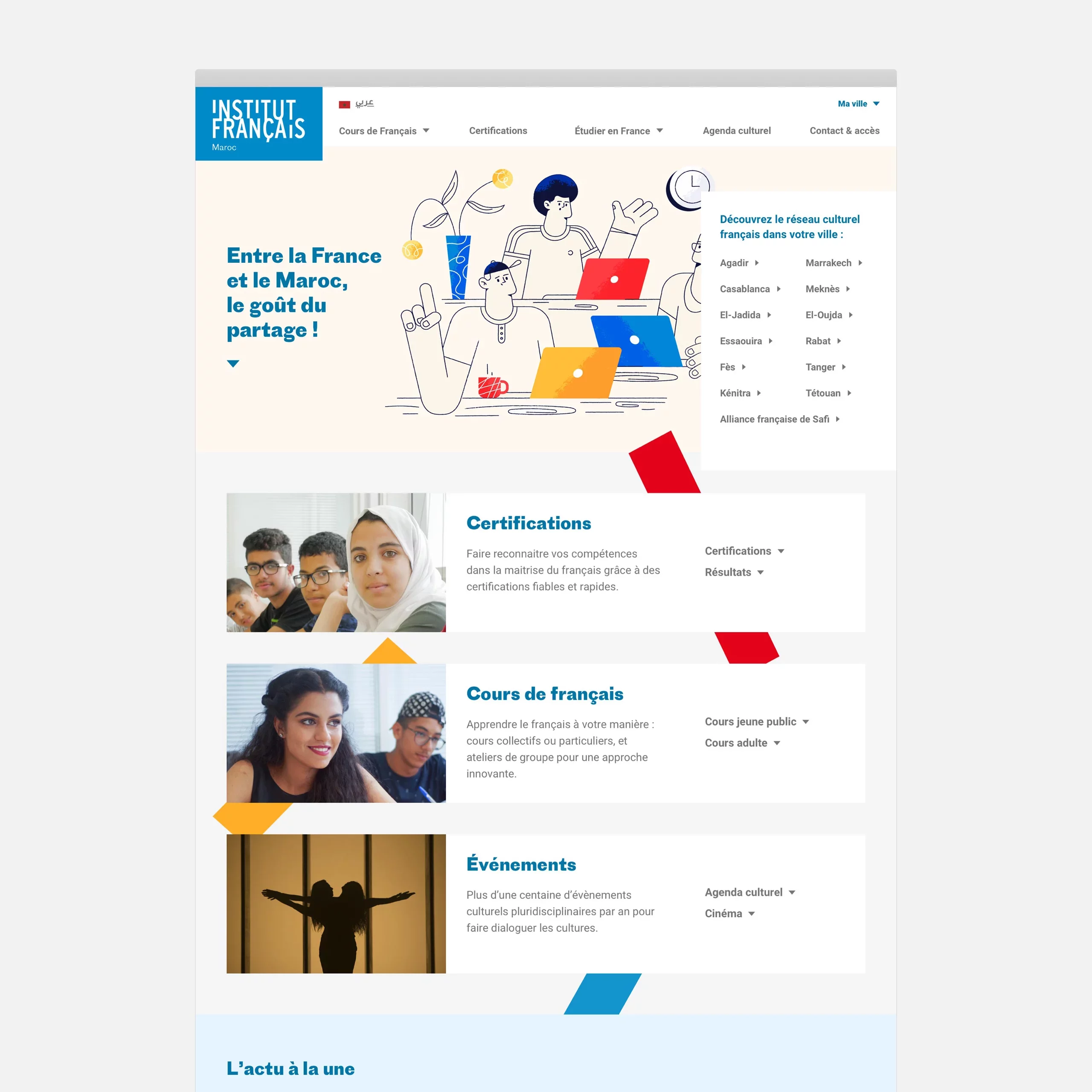 Page d'accueil du site de l'Institut français du Maroc avec une liste des villes permettant de basculer sur une antenne locale