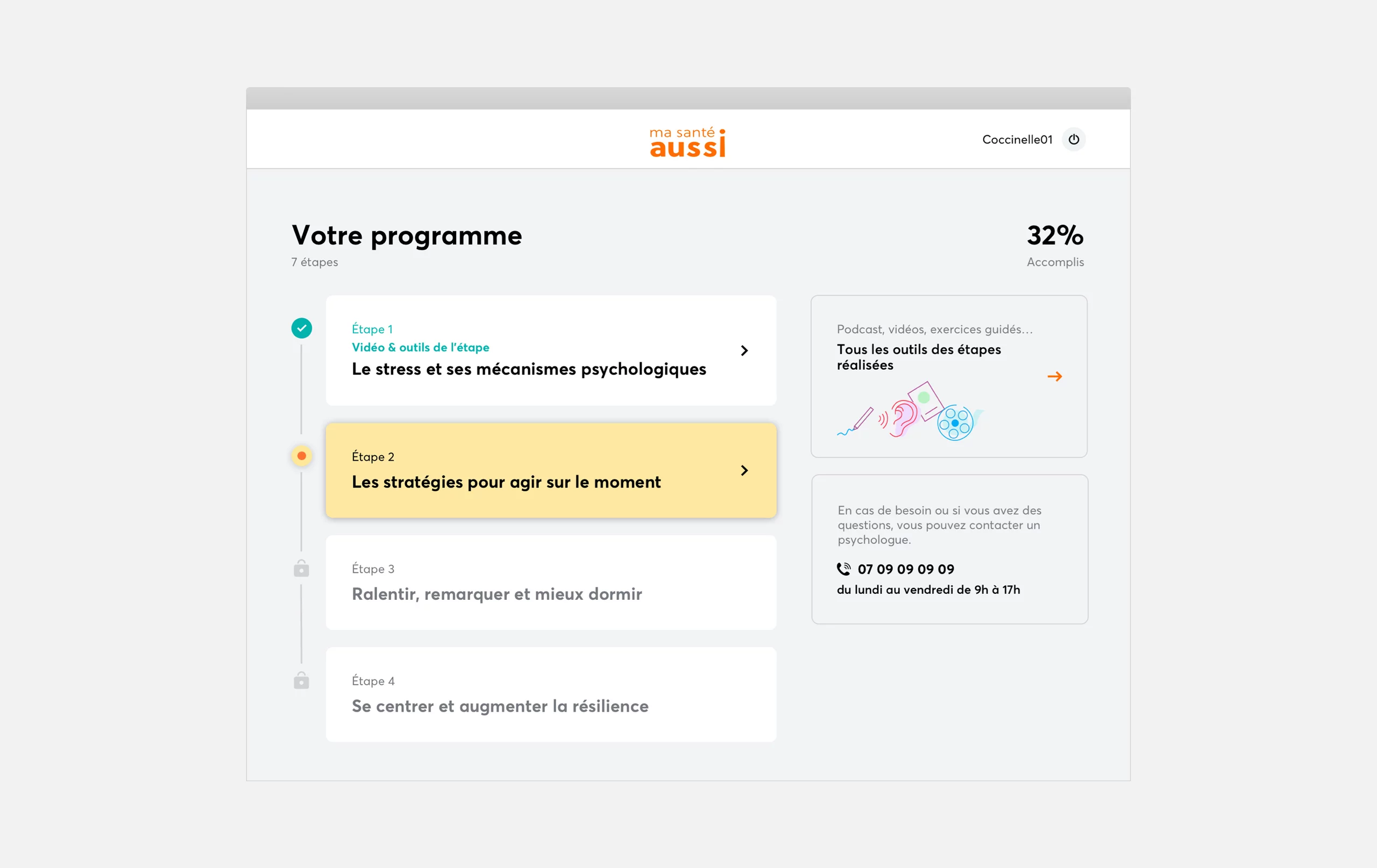 Page détail du programme avec les étapes accomplis et à réaliser