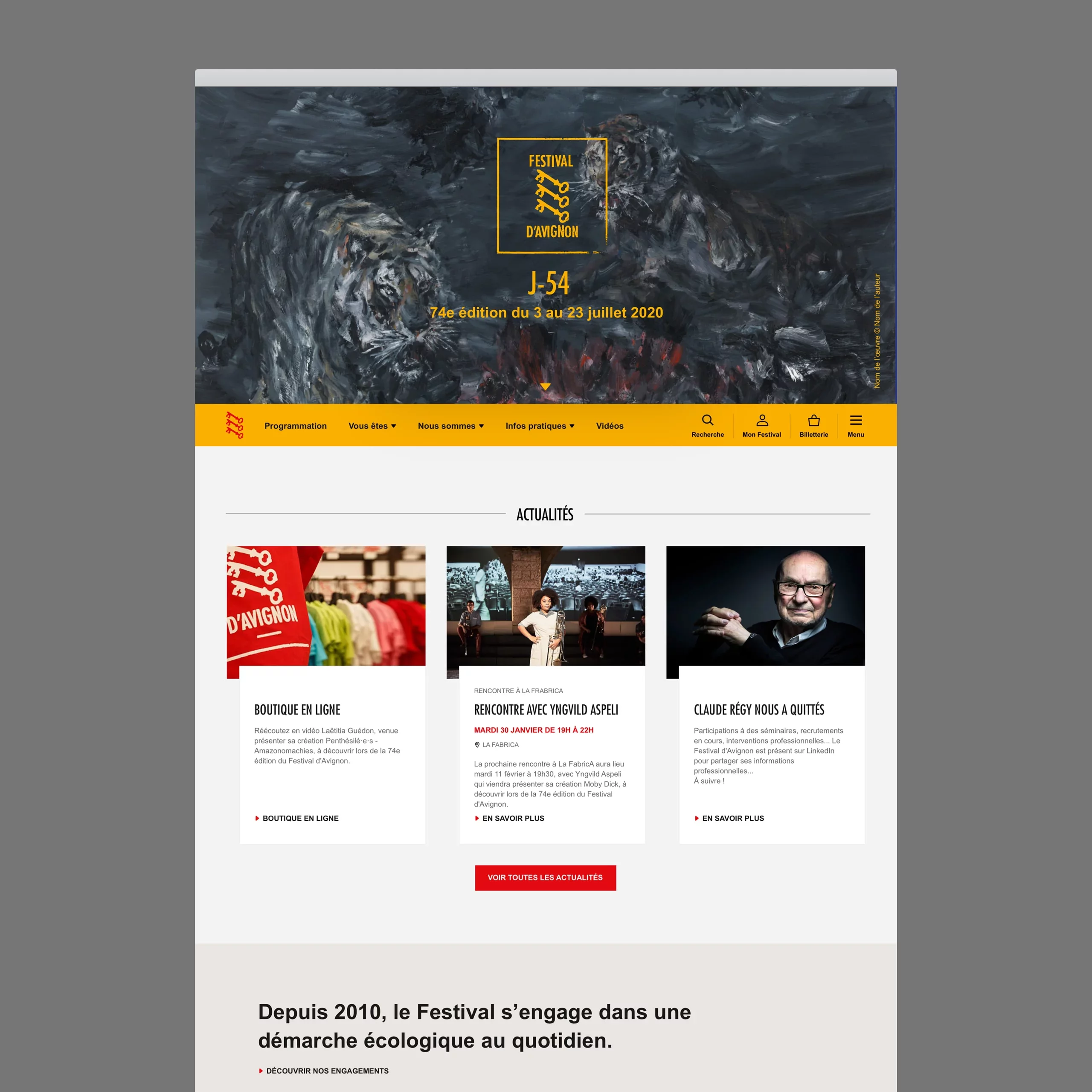 Page d'accueil du nouveau site du Festival d'Avignon en desktop