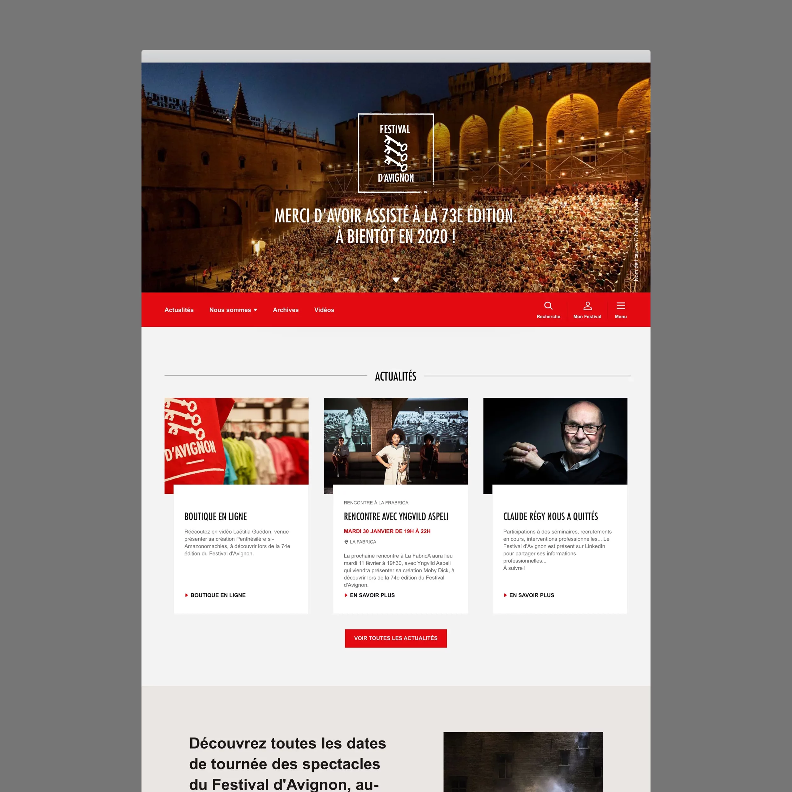 Page d'accueil desktop du Festival d'Avignon, en mode post-festival. Il n'y a plus d'affiche de saison et la couleur devient rouge