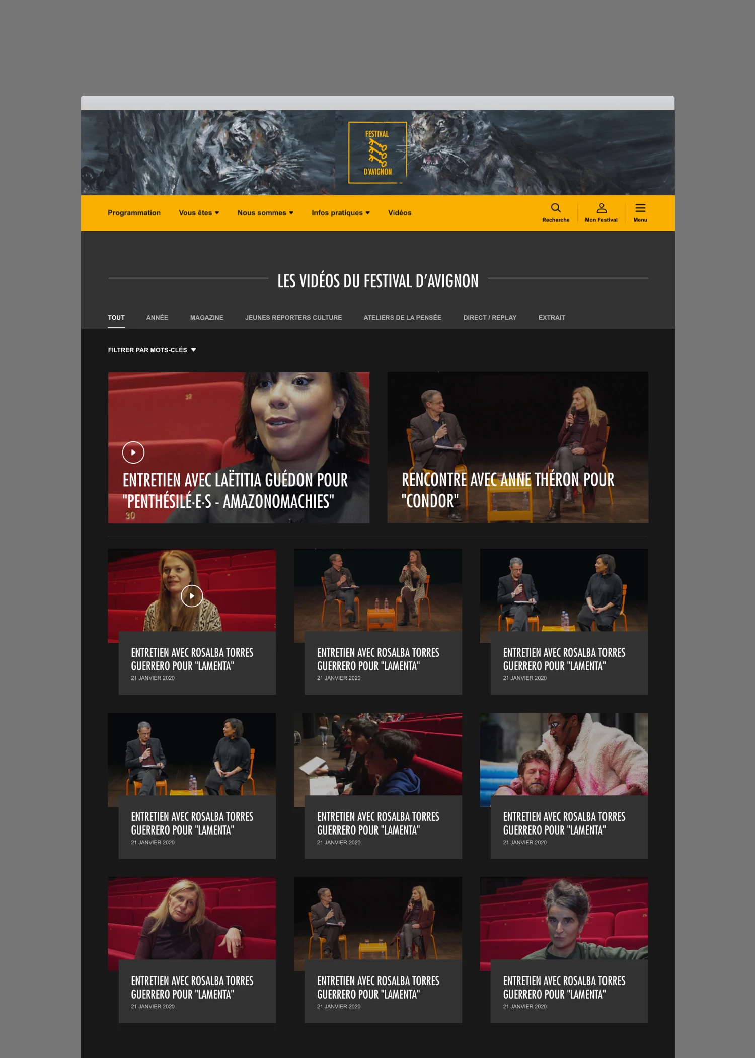 Page WebTV desktop: elle regroupe toutes les vidéos du Festival d'Avignon