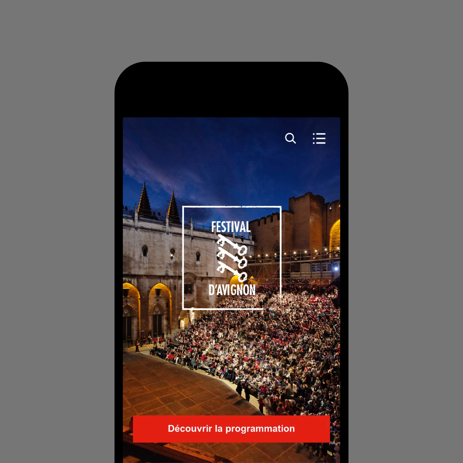 ecran mobile de la page d'accueil de l'application du Festival d'Avignon