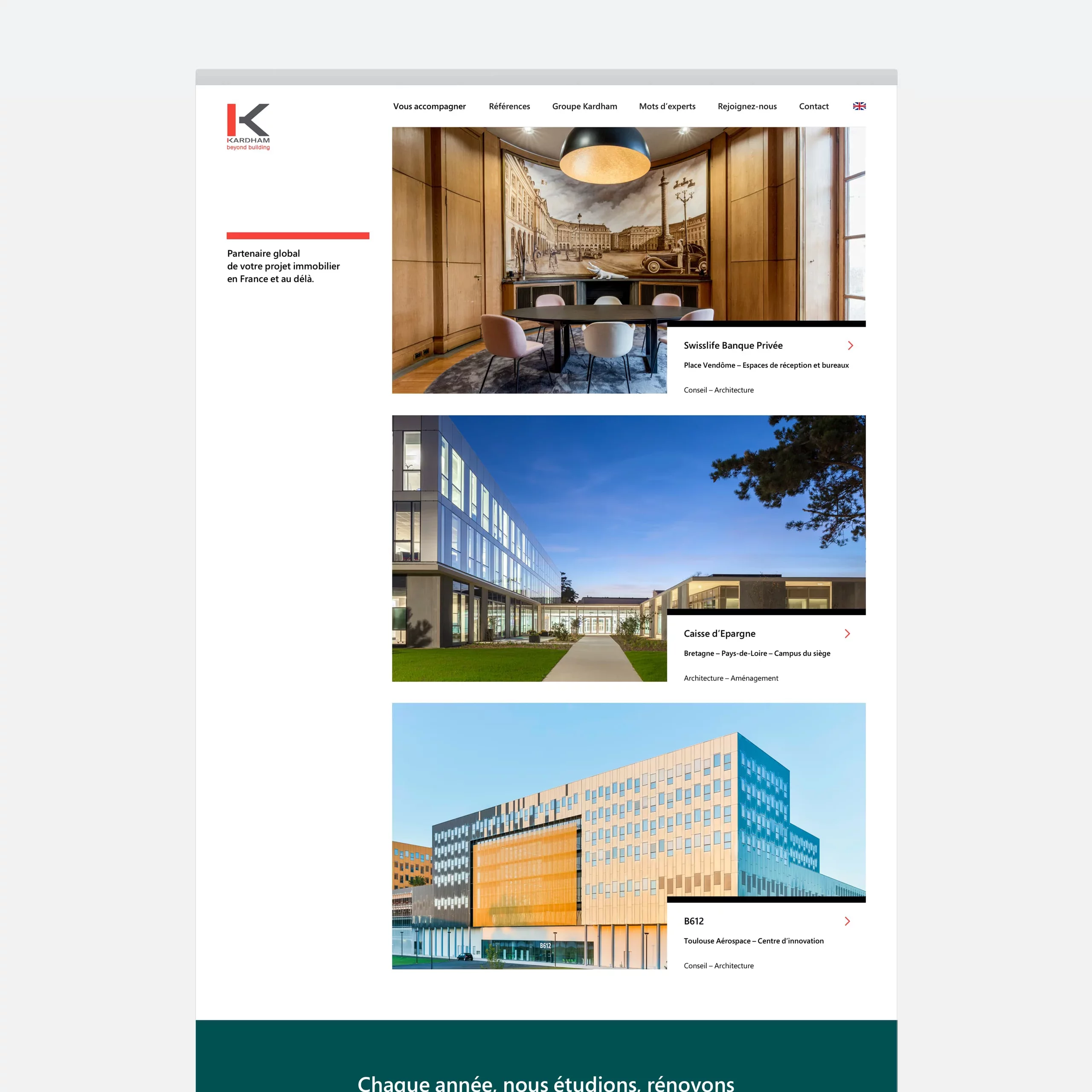 Page d'accueil du site Kardham, avec de grandes photos illustrant les projets à la une