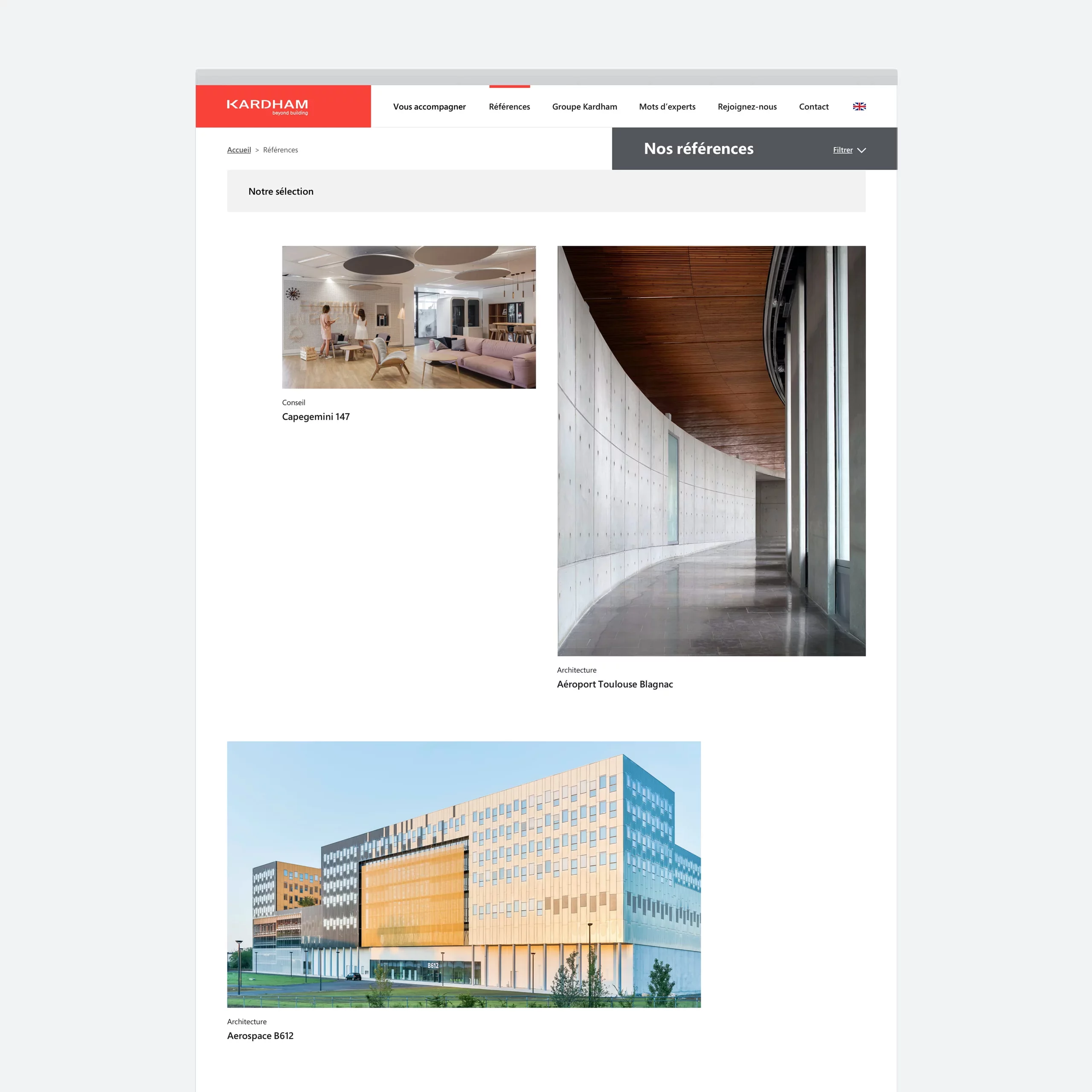 Page Nos références du site Kardham avec une mise en page asymétrique et des images de taillee différente pour chaque projet