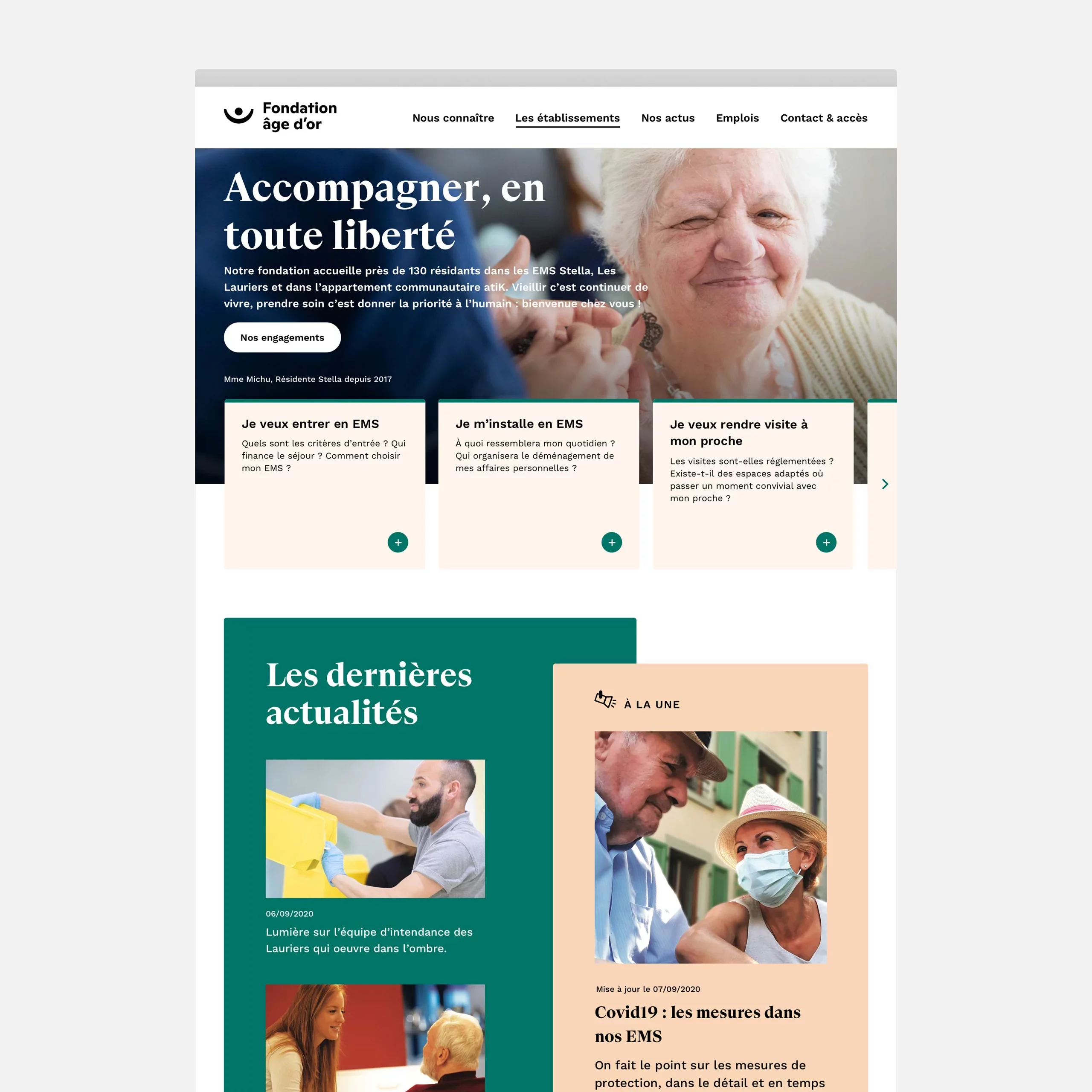 Maquette de la page d'accueil du site de la Fondation avec une dame âgées en photo de Une et la mention Accompagner en toute liberté