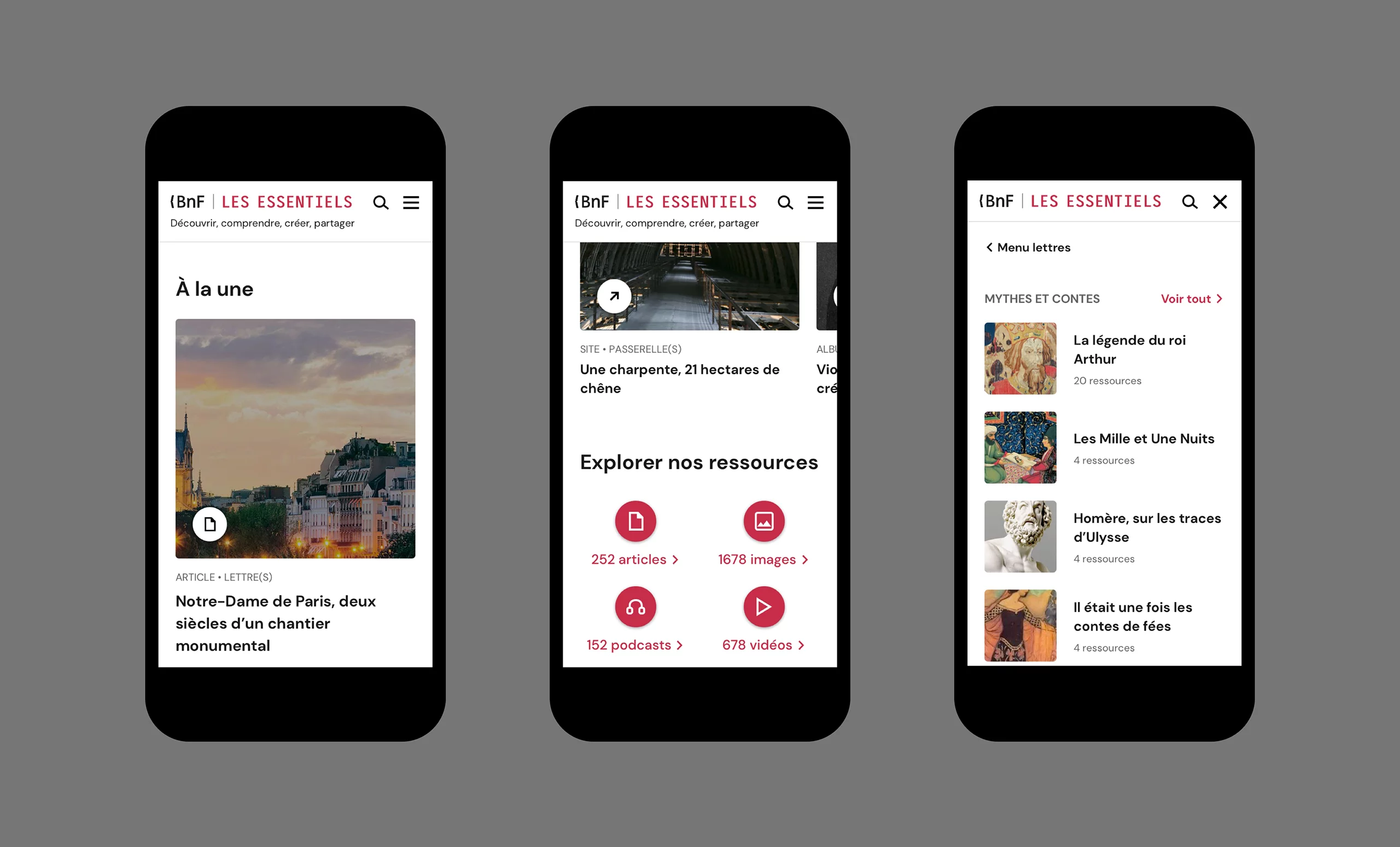 écrans mobile de la refonte de l’écosystème de site BNF Les Essentielles