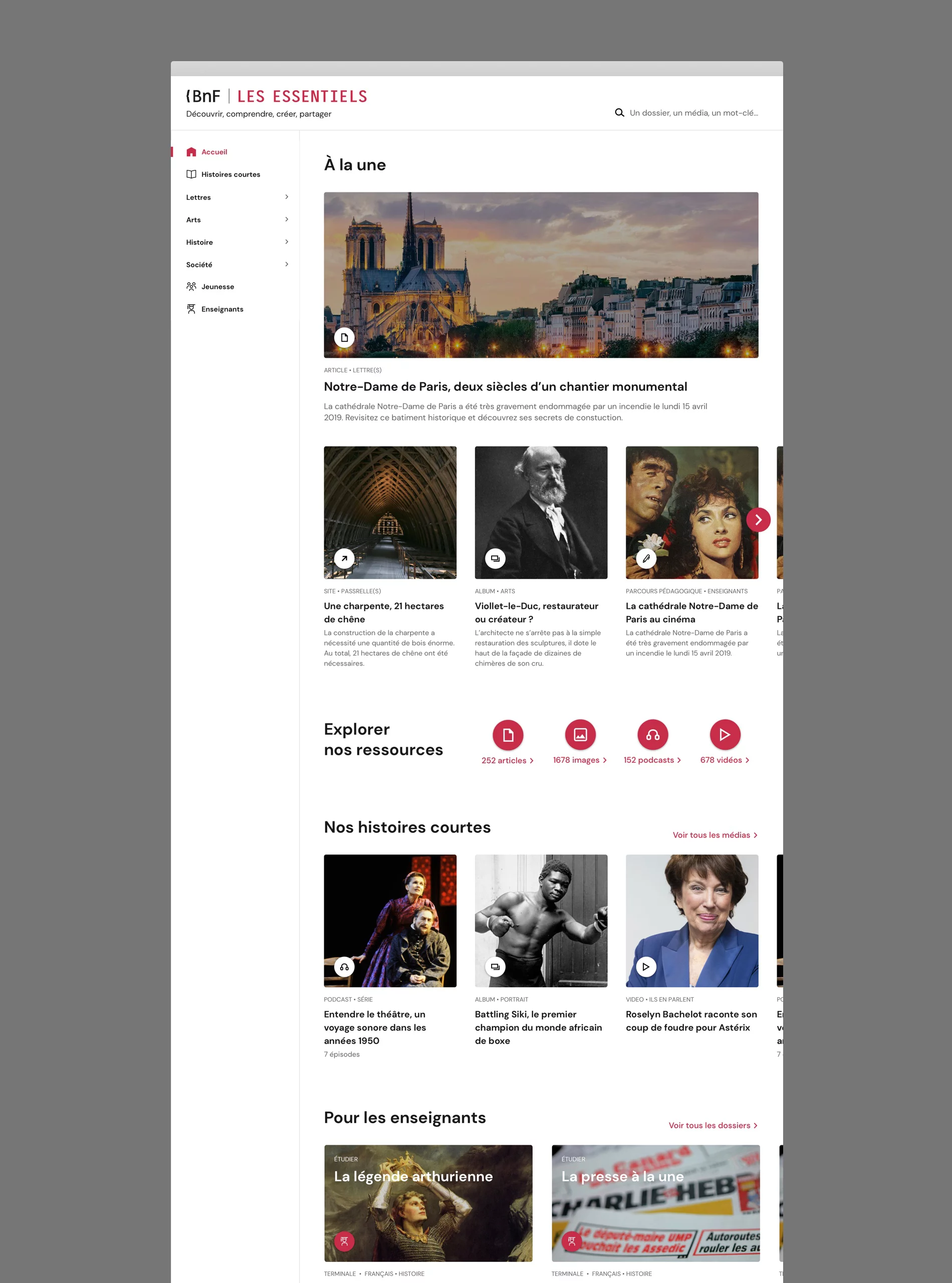 Accueil desktopa de la refonte de l’écosystème de site BNF Les Essentielles
