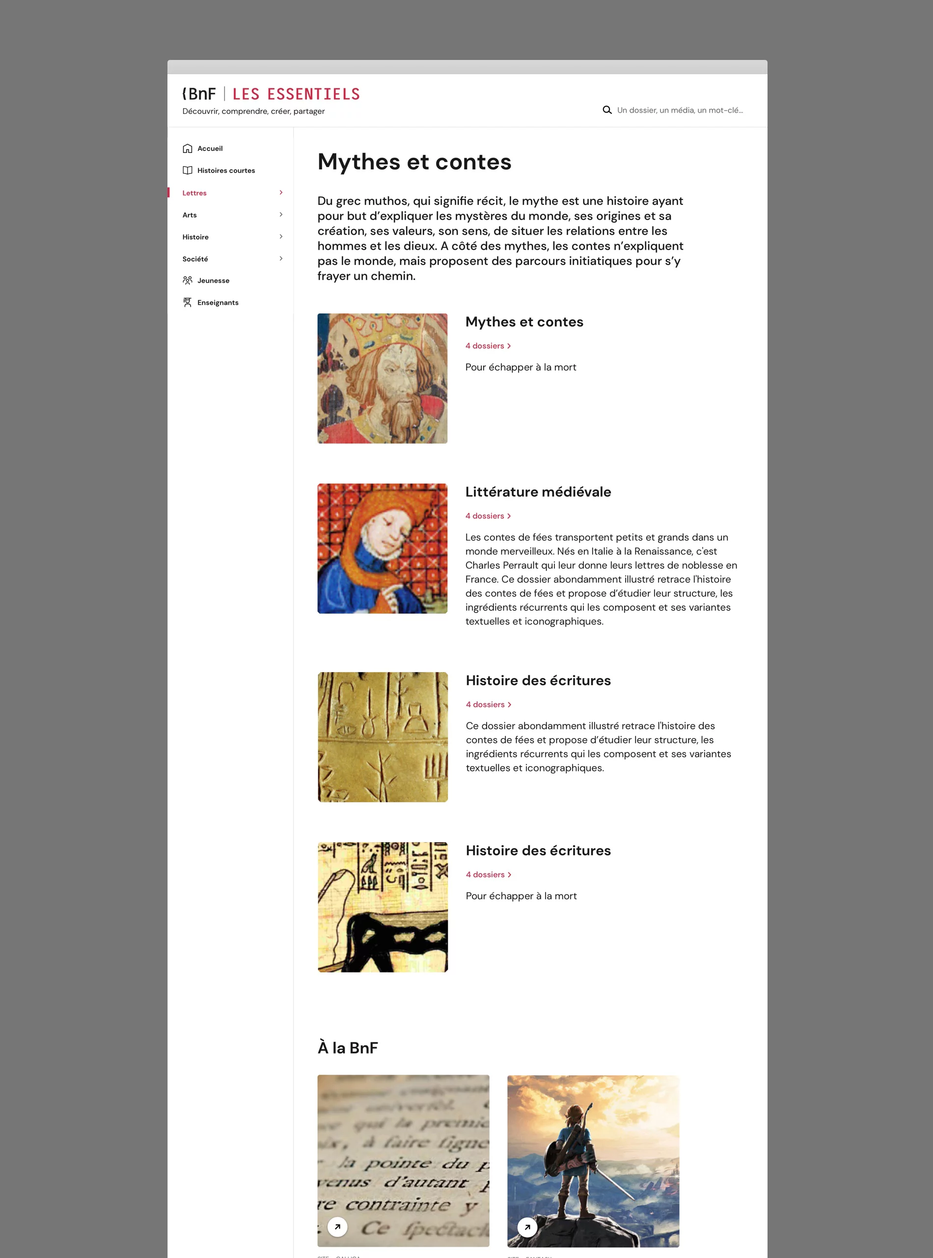 Page sous thématique desktop de la refonte de l’écosystème de site BNF Les Essentielles