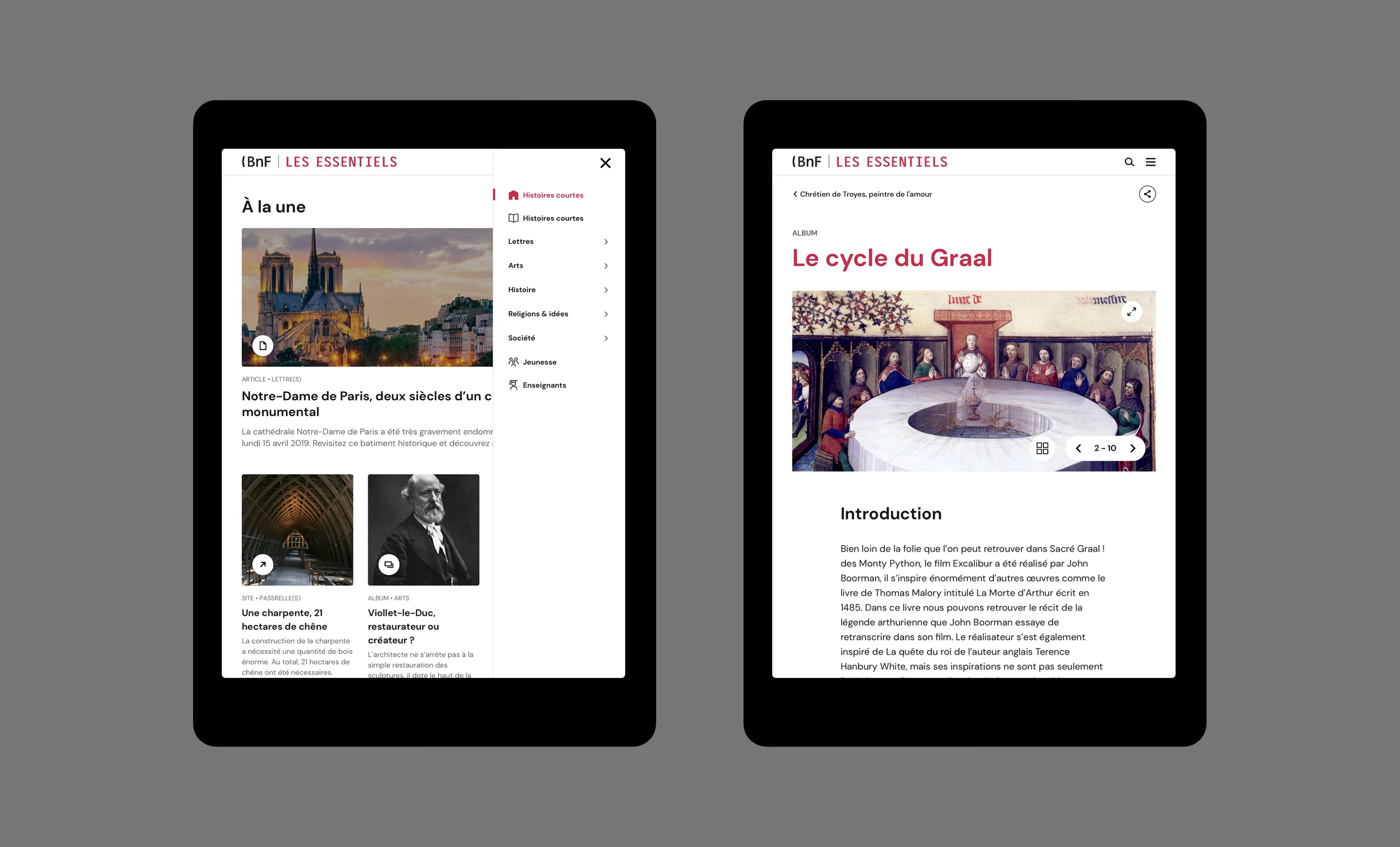 écrans tablette de la refonte de l’écosystème de site BNF Les Essentielles