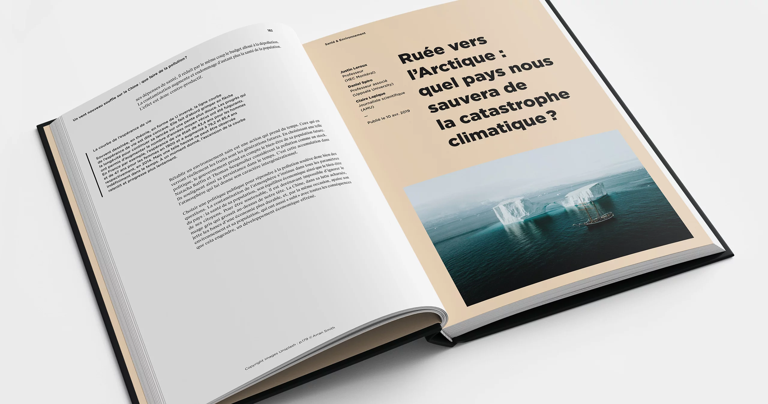 Extrait de pages intérieures du livre dialogues économiques. Mise en page structurée et aérée avec grand titre et grande photo au début de l'article.