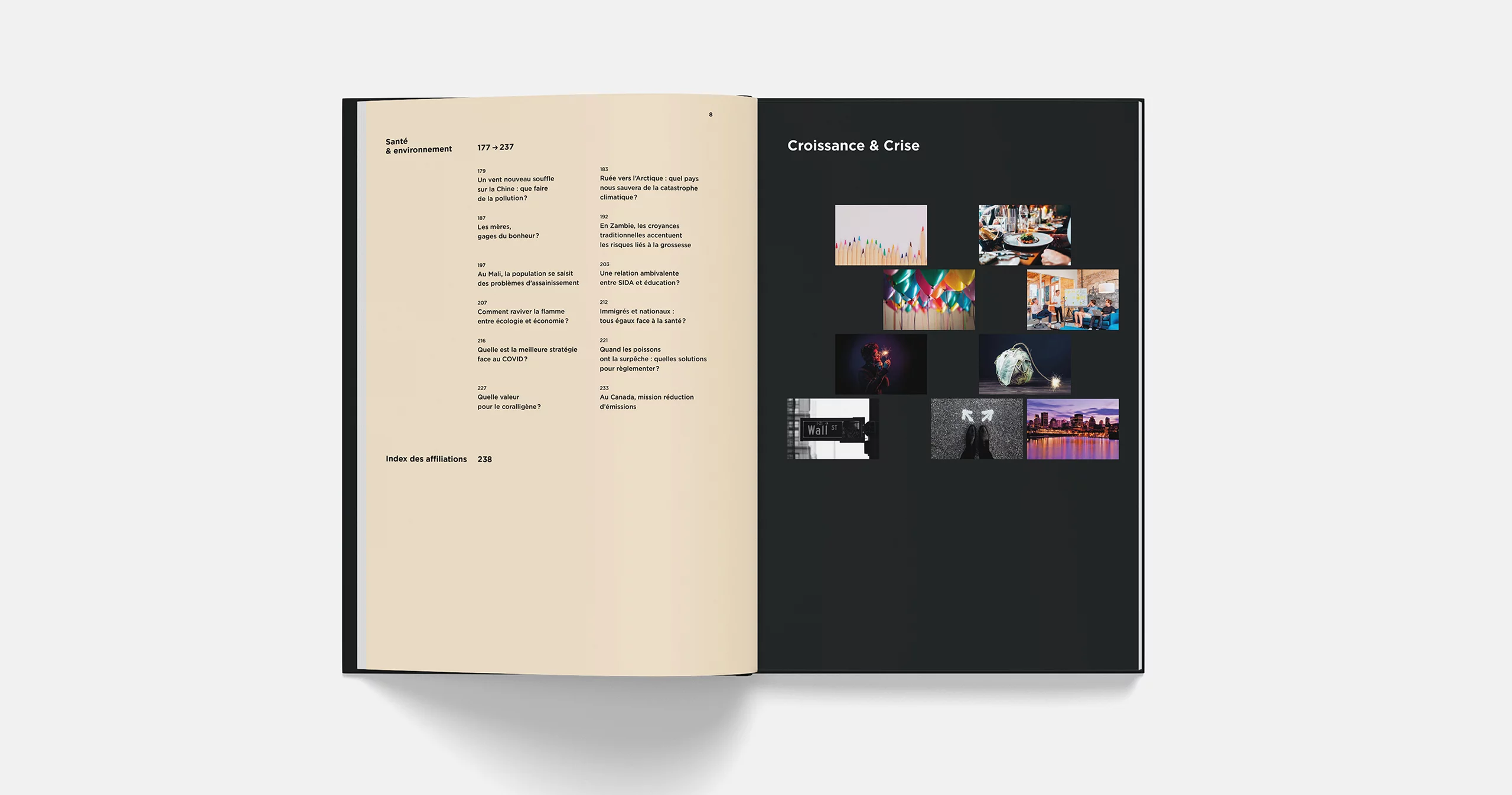 Extrait de pages intérieures du livre dialogues économiques. Sommaire de rubrique sur une page et mosaïque de photos sur l'autre.