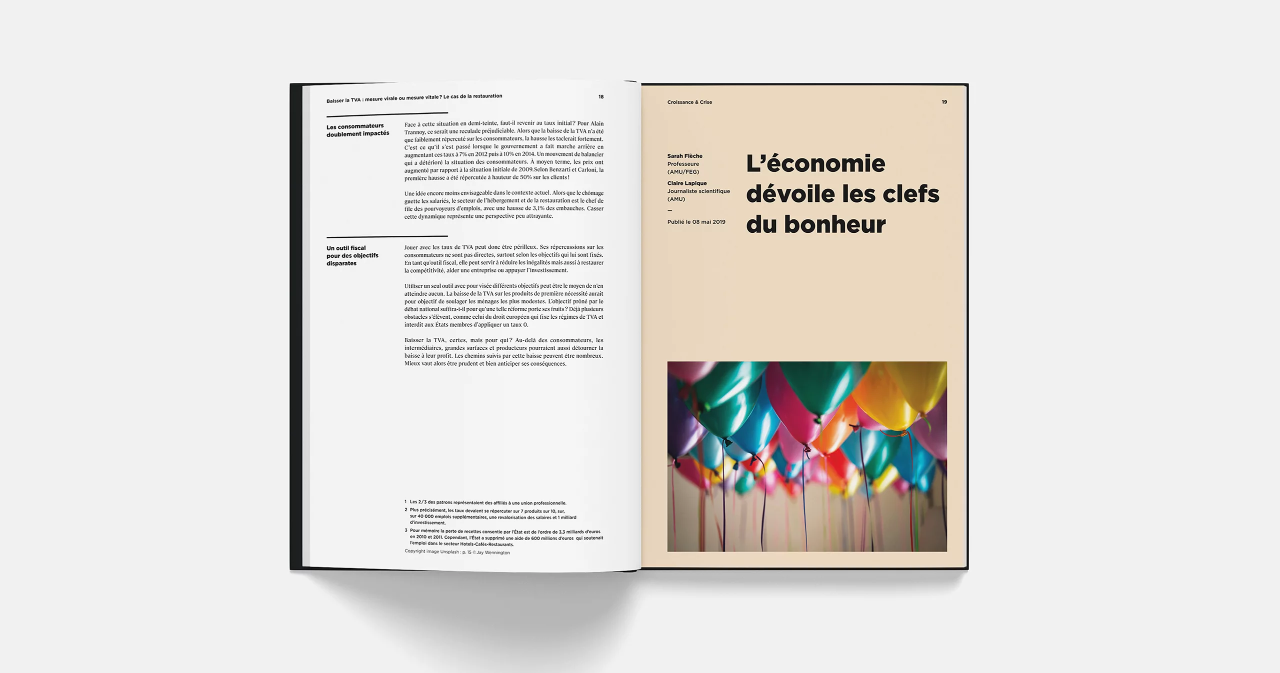 Extrait de pages intérieures du livre dialogues économiques. Mise en page structurée et aérée avec grand titre et grande photo au début de l'article.