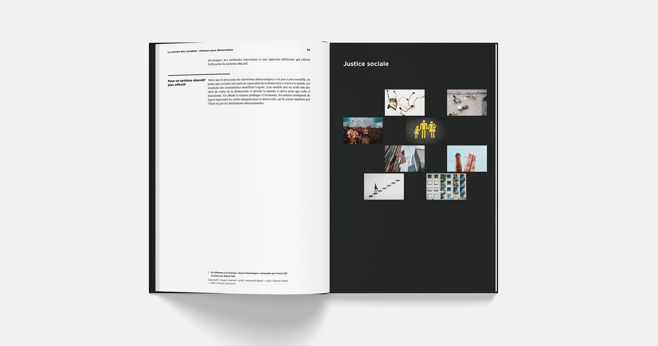 Extrait de pages intérieures du livre dialogues économiques. Fin d'un article sur la page gauche, mosaÏque d'images sur la page de droite.