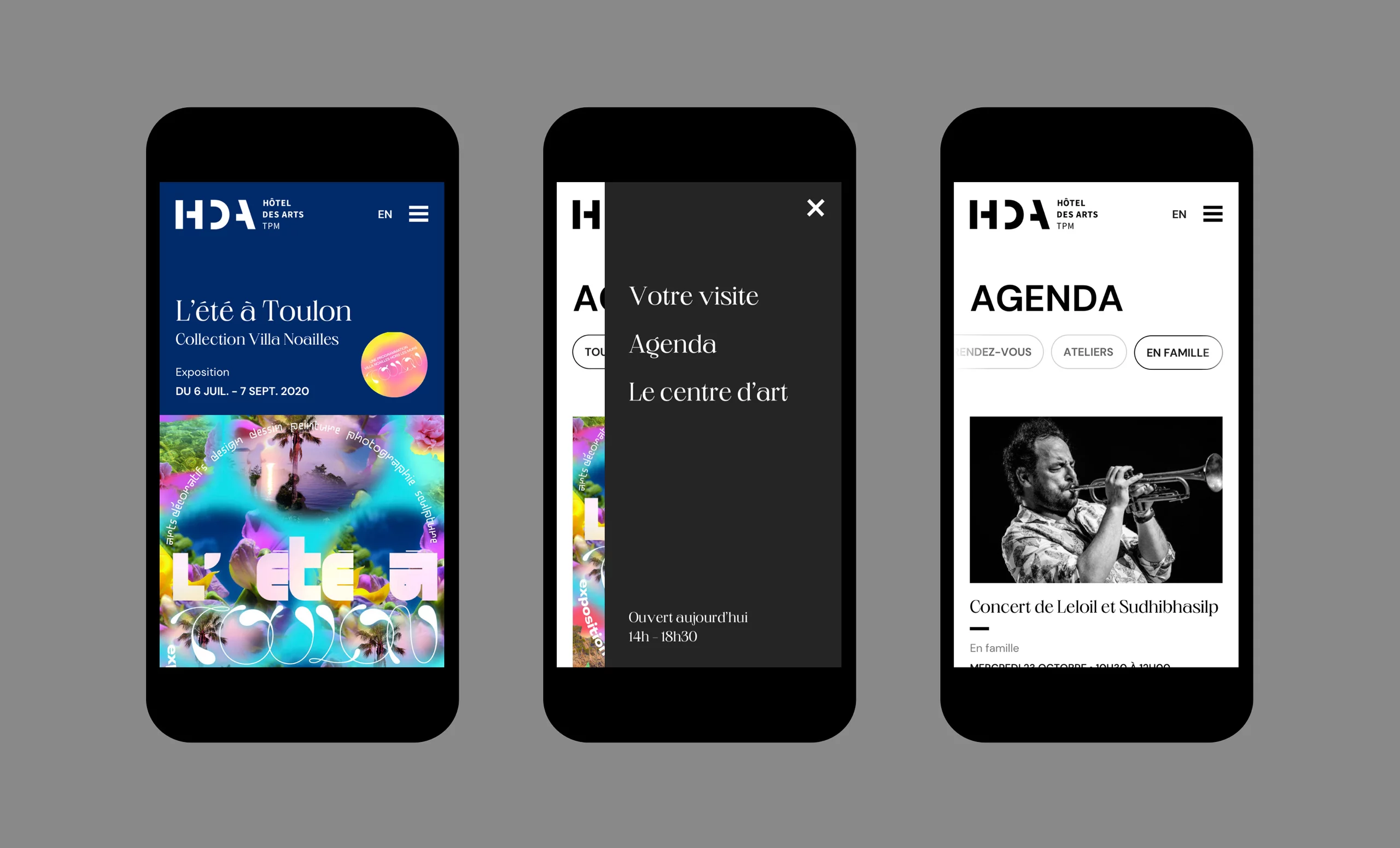 Maquettes UI format mobile de 3 écrans du site web de l'Hôtel des Arts de Toulon