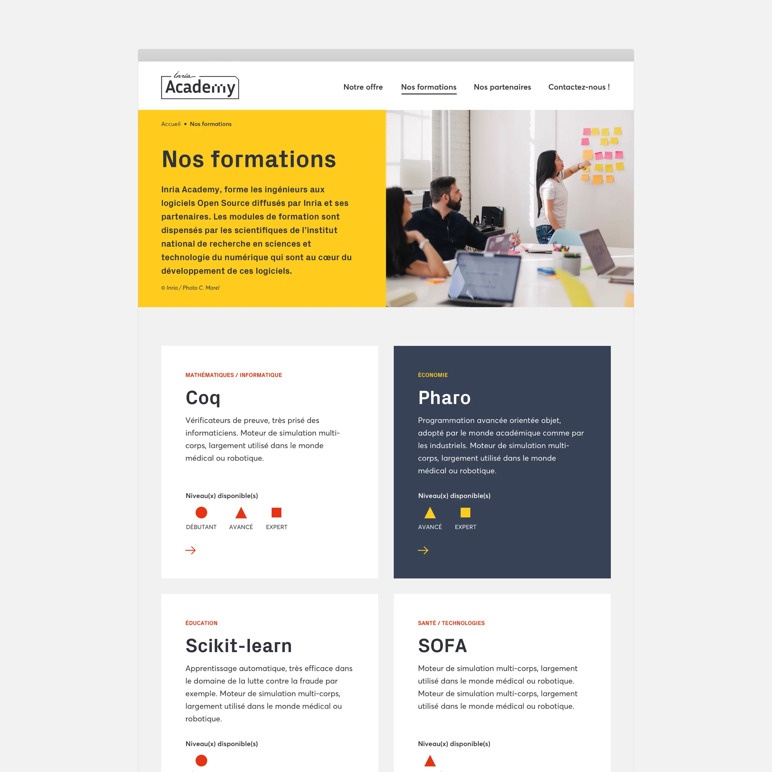 Maquette de la page Nos formations avec des points d'entrée vers les logiciels