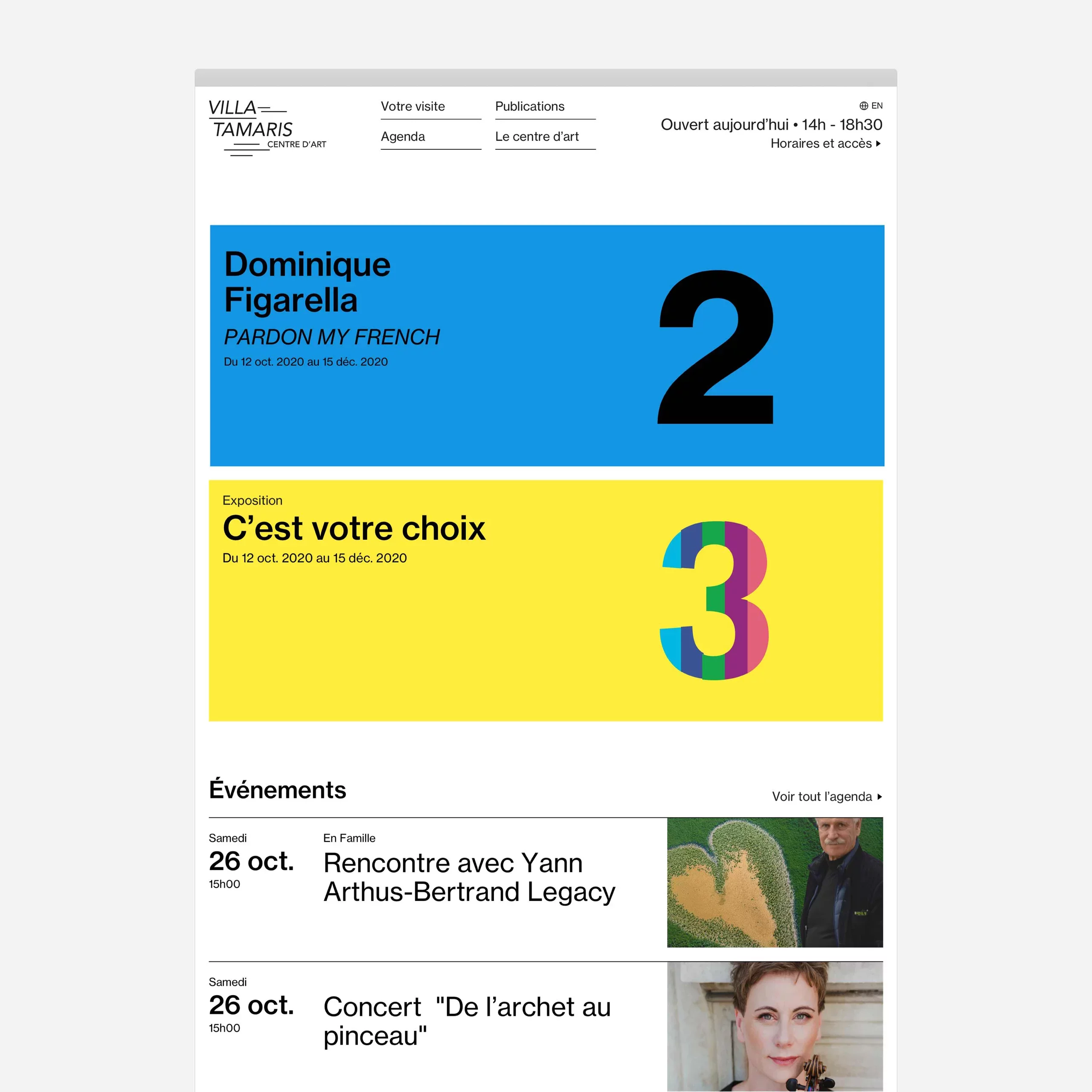 Page d'accueil desktop du site, dans un style minimaliste noir et blanc