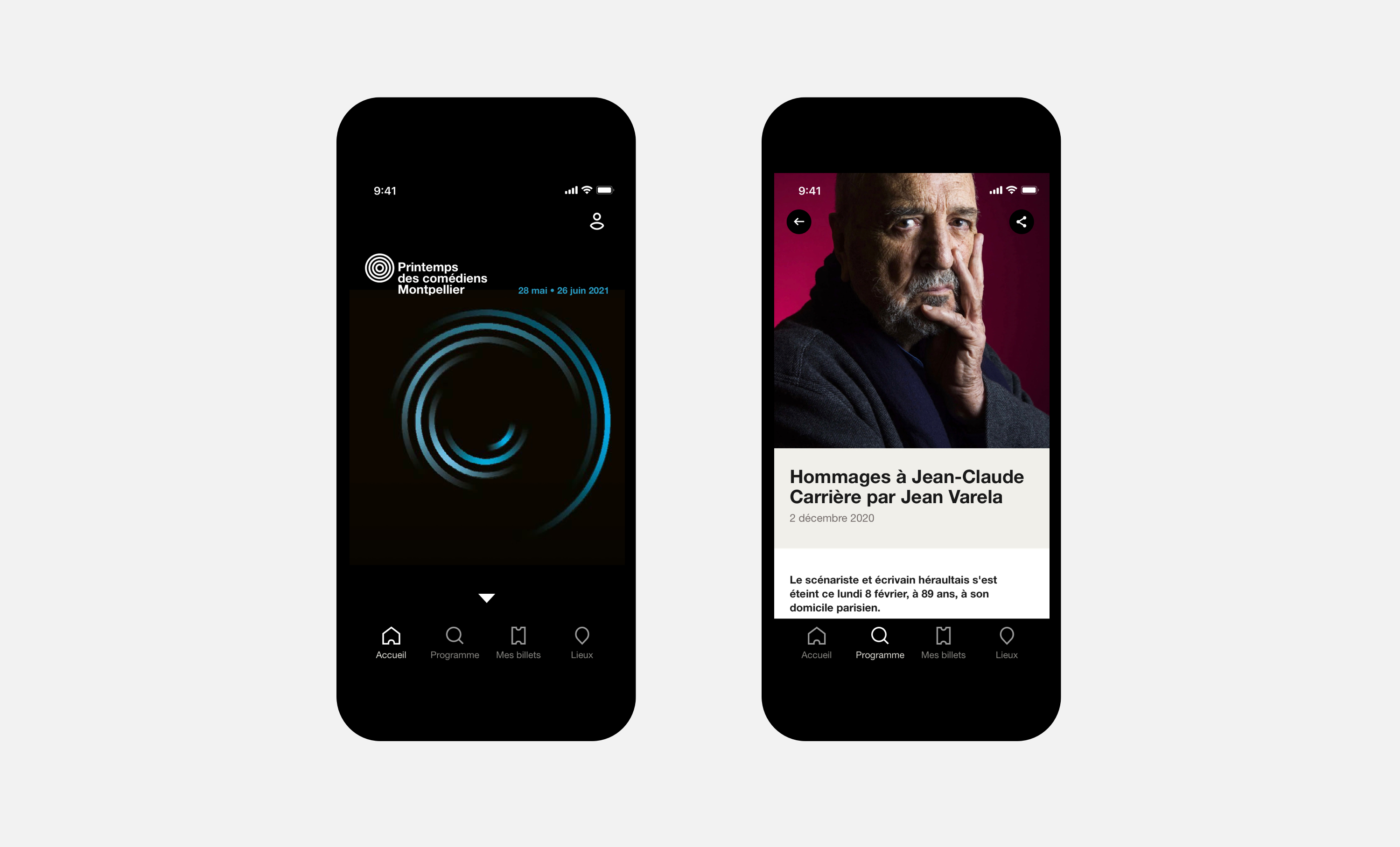 Design de l'application. 1er écran: page d'accueil avec l'affiche de la saison. 2eme écran: détail d'une actualité