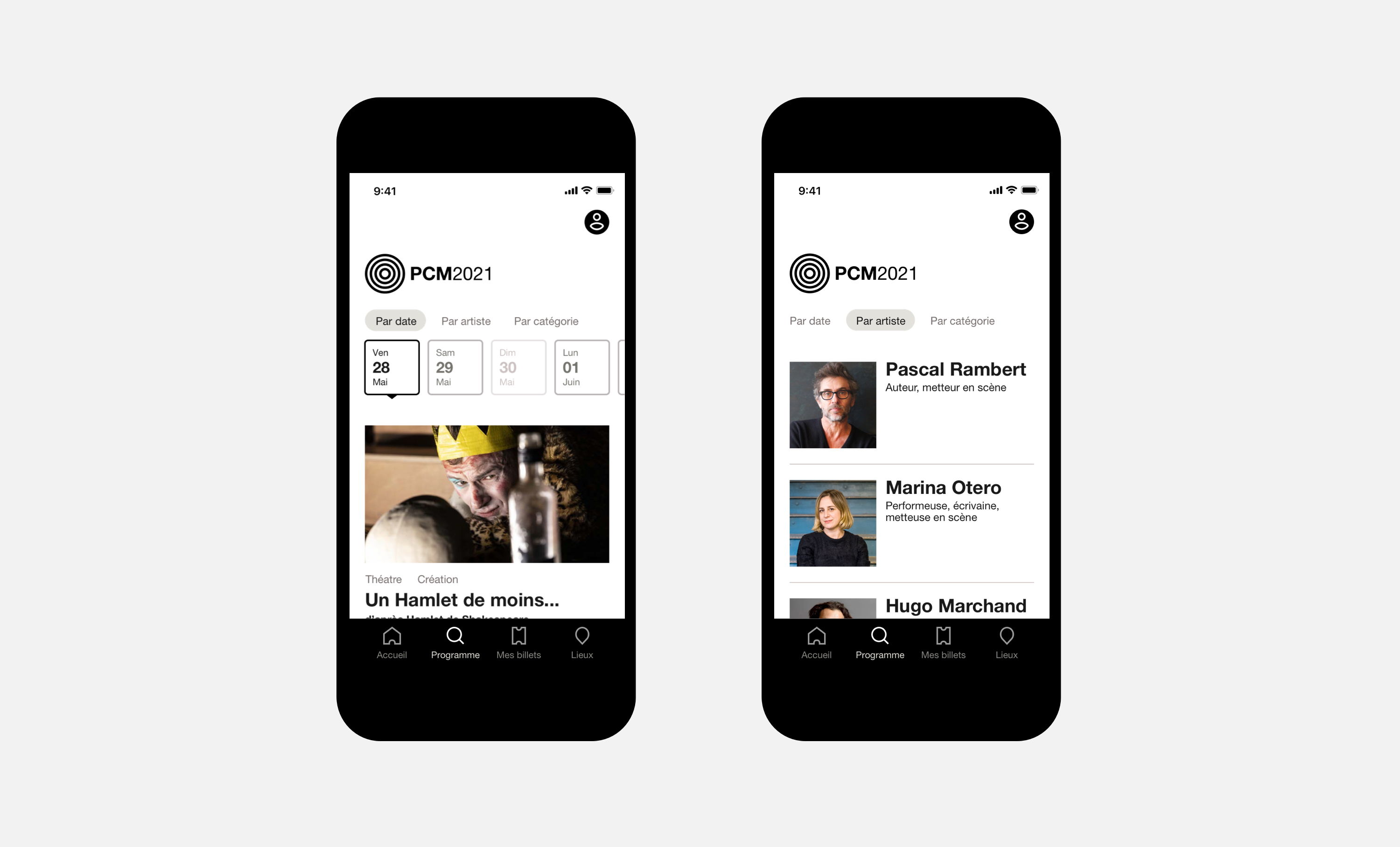 Détail de la page agenda de l'application, avec la possibilité de filtrer par date, par artiste, par catégorie