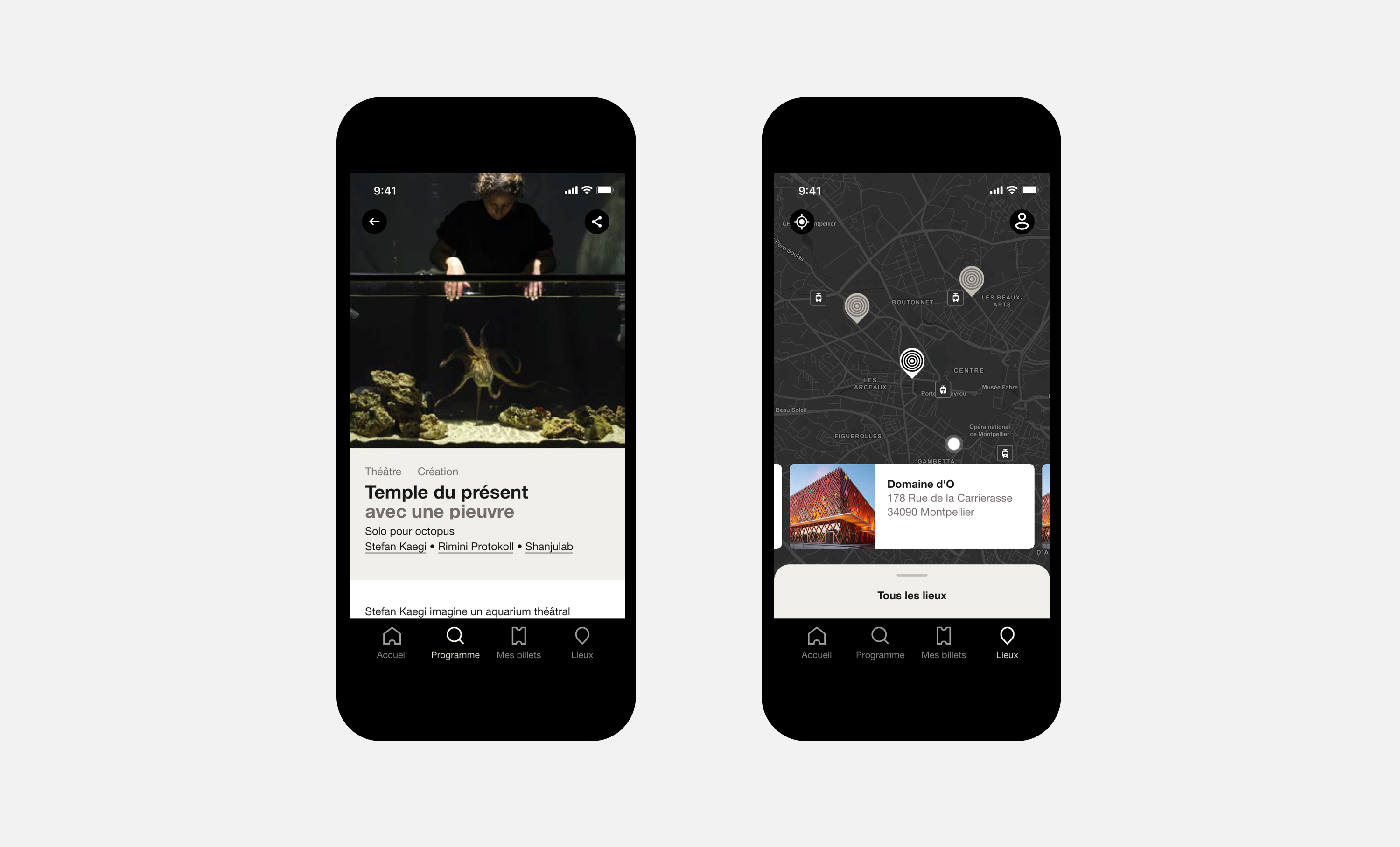1er écran mobile: détail d'un événement avec une grande photo. 2eme écran mobile: la page des lieux, avec leur visualisation sur une carte
