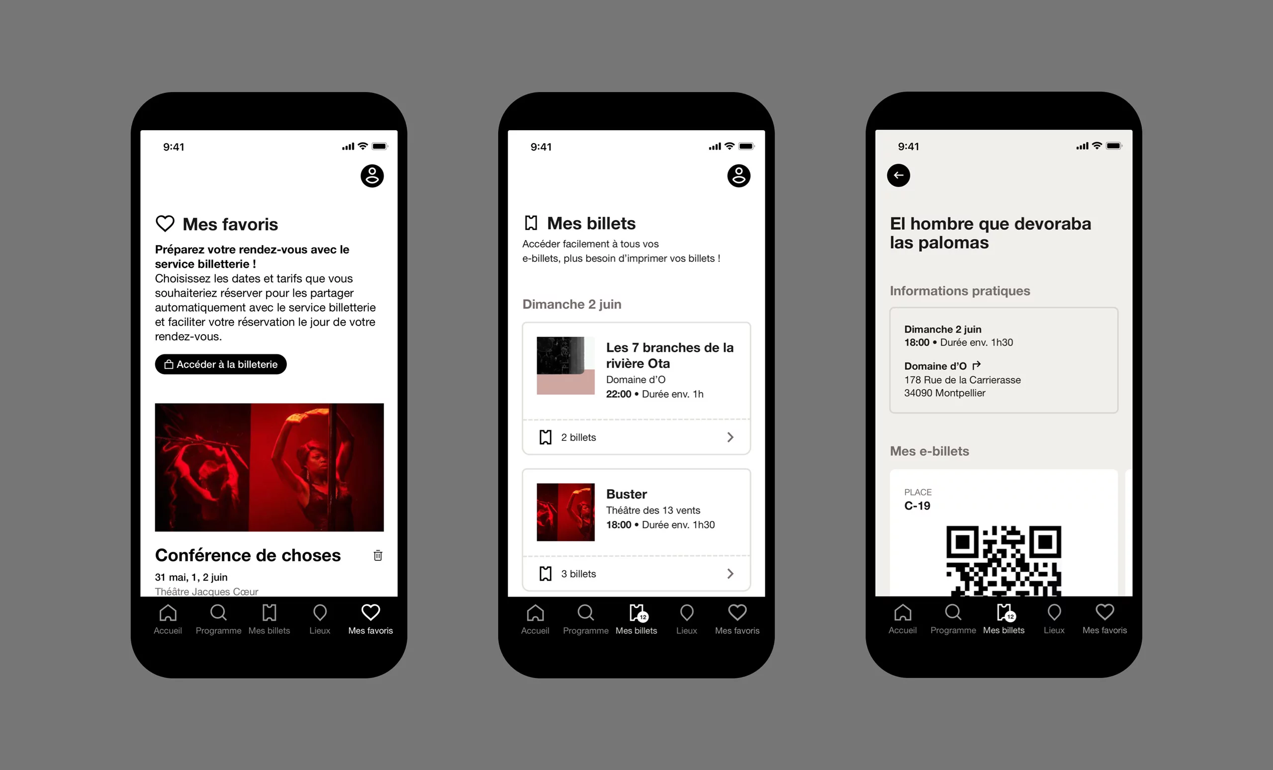 3 aperçus de l'application: 1. entrée mes favoris 2. entrée mes billets 3. détail de mon billet avec accès à mon QR code