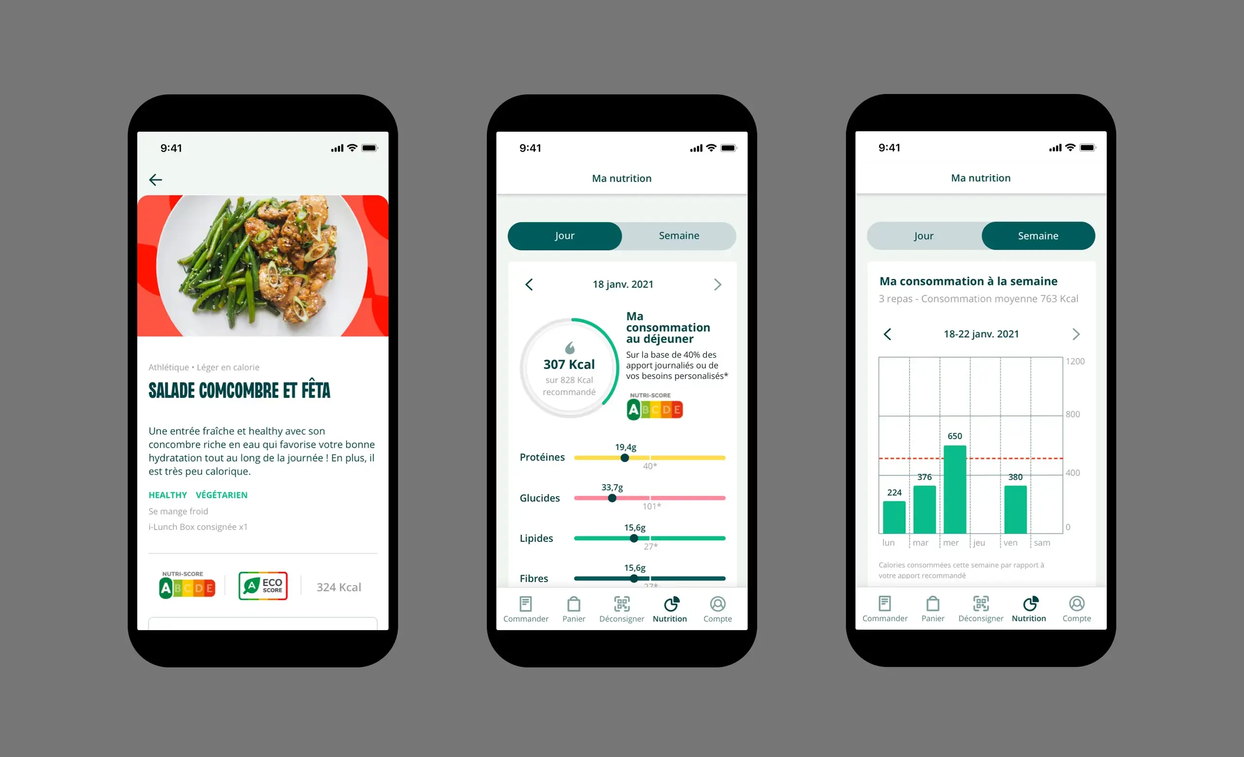 Aperçu de 3 écran mobile: la page détail produit et 2 page nutrition