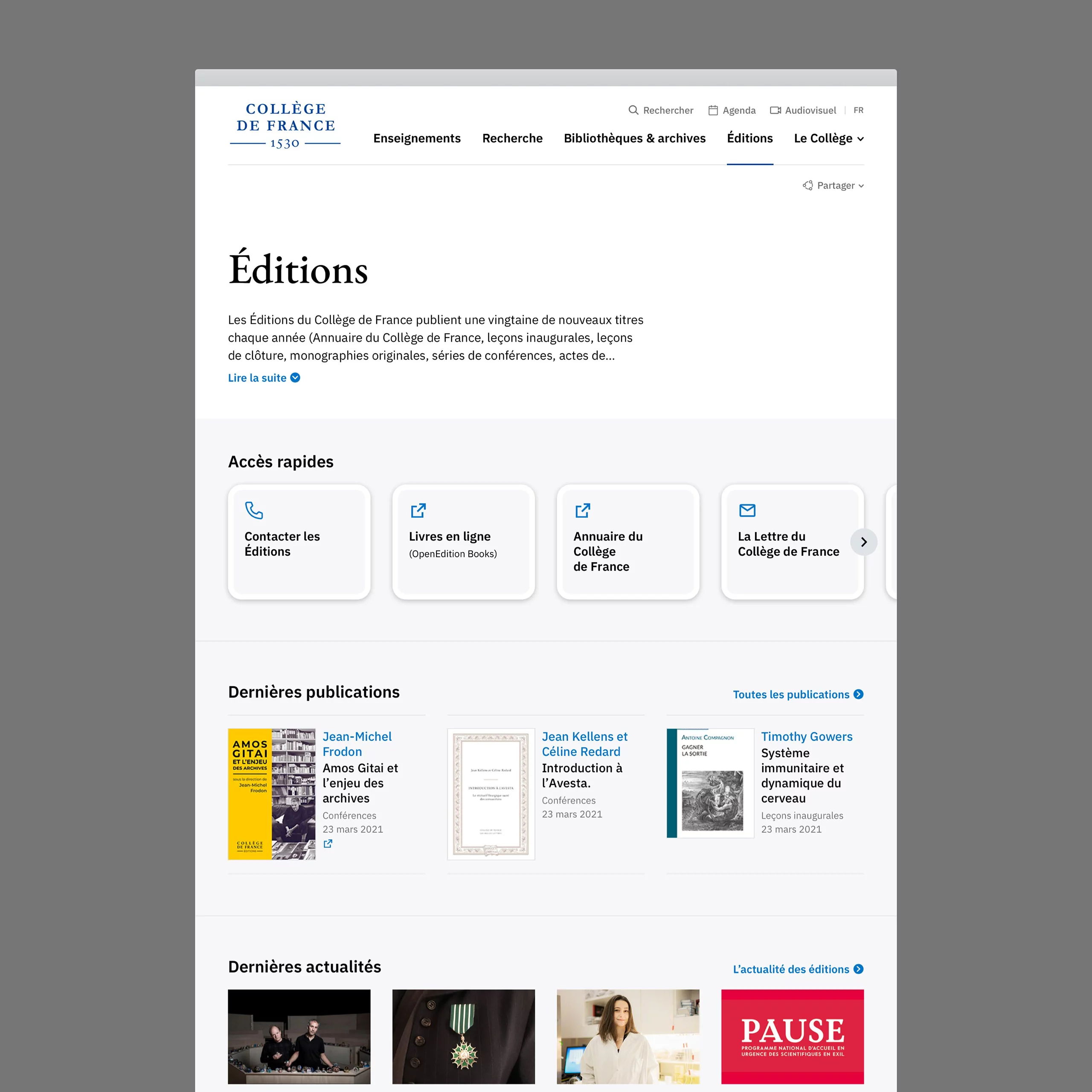 Page d'accueil du Collège de France
