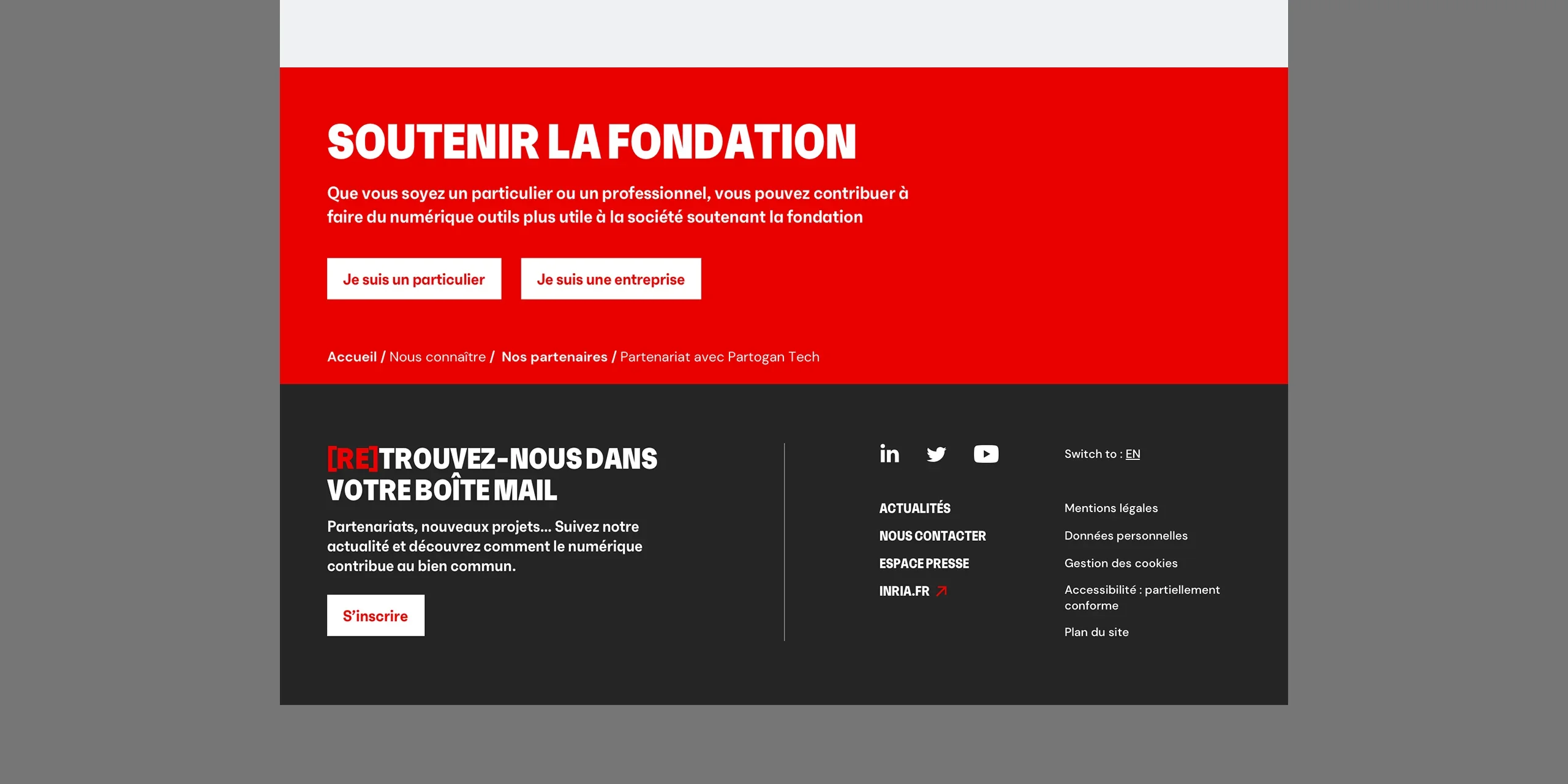 Bloc rouge en bas de page d'un écran desktop "Soutenir la fondation"
