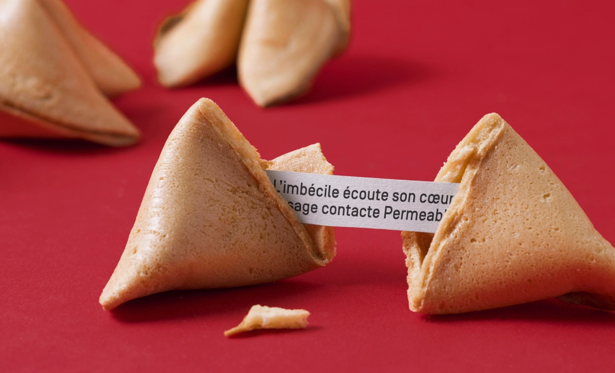 Un fortune cookie ouvert laisse apparaitre le message qu'il contient : L'imbécile écoute son coeur, le sage contacte Permeable