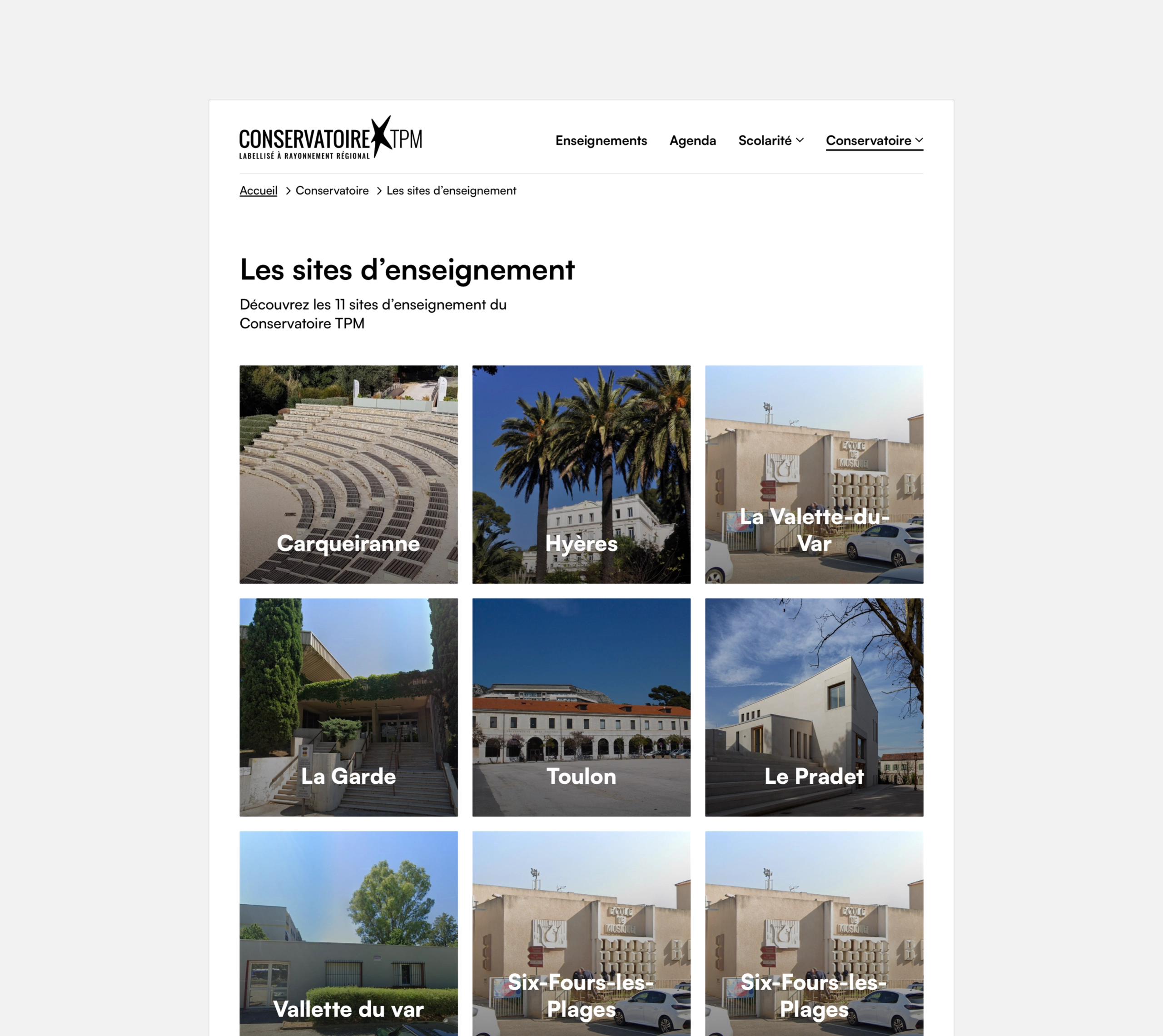 aperçu de la page des sites d'enseignement du site du conservatoire TPM en desktop