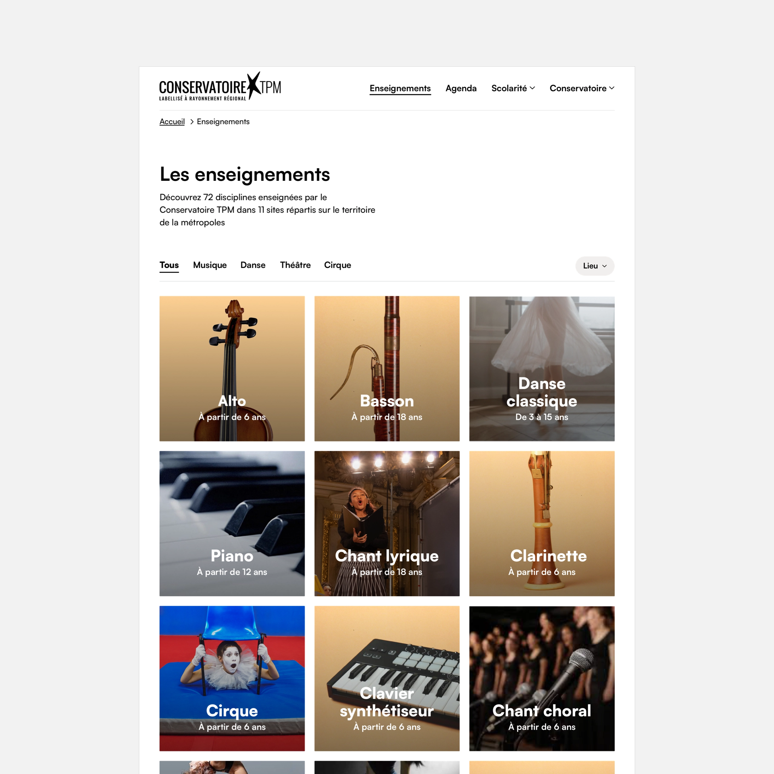 aperçu de la rubrique enseignements du site du conservatoire TPM