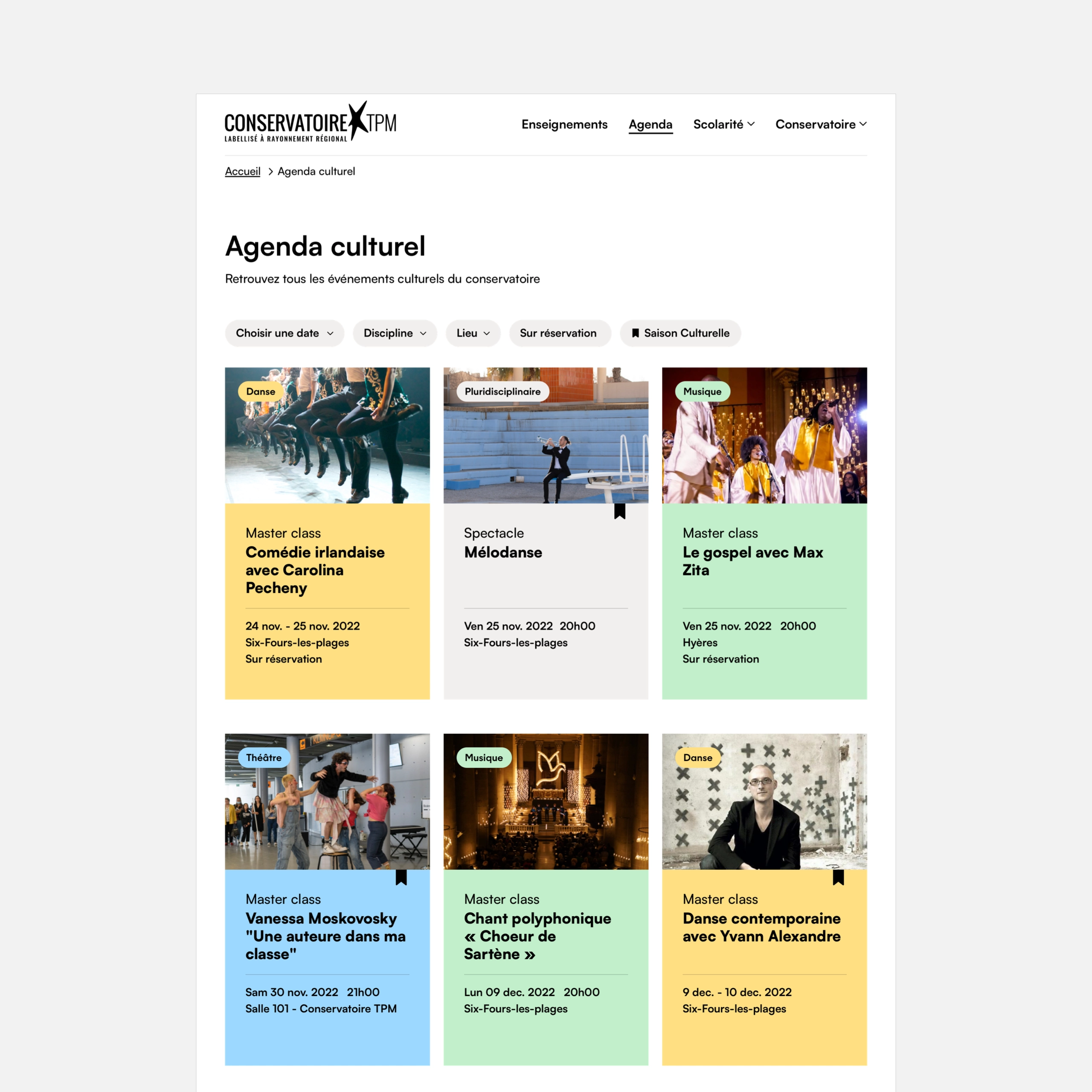 aperçu de la page agenda du site du conservatoire TPM en desktop