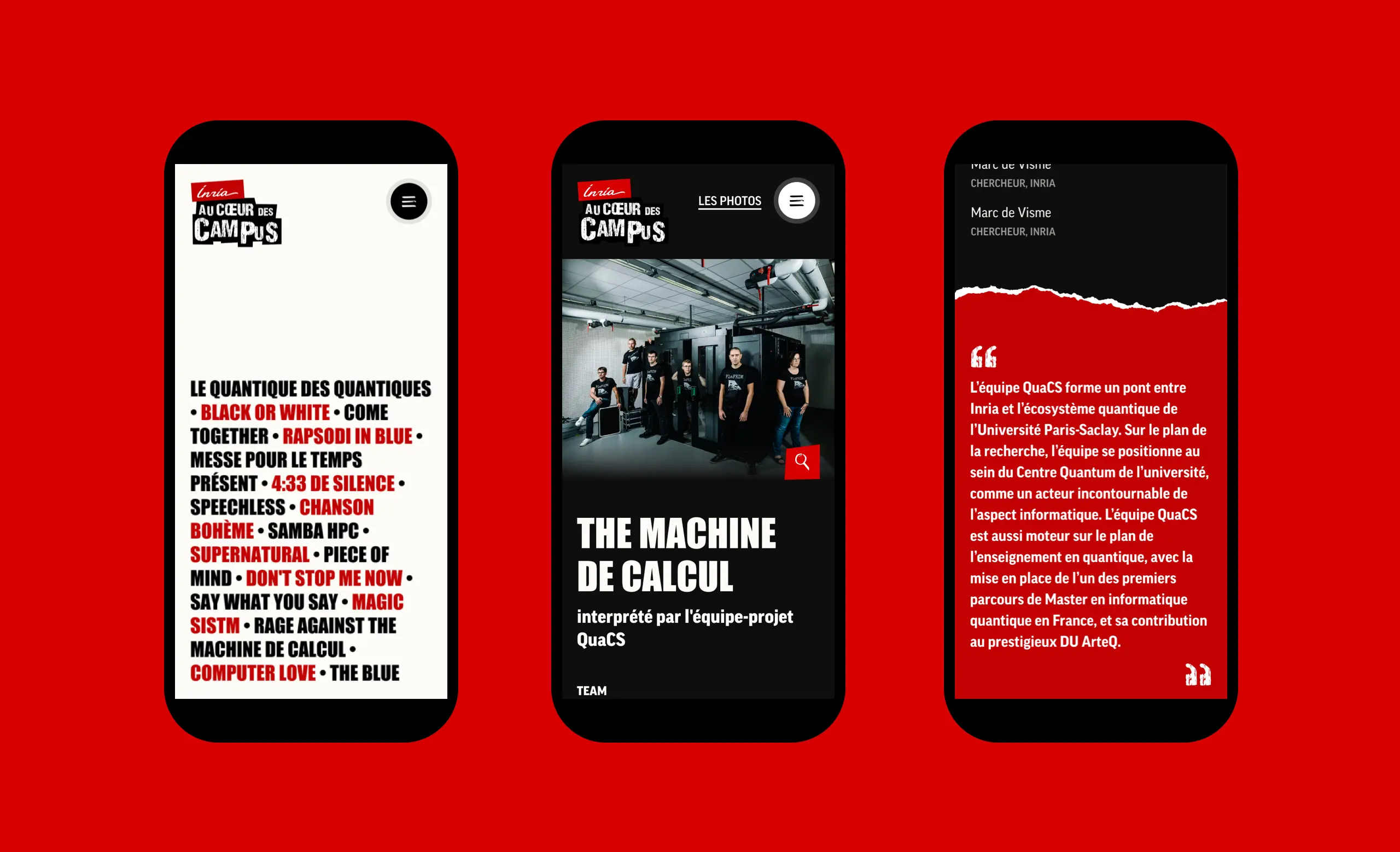 Aperçu de 3 écrans mobile, avec l'accueil, une page détail et une citation