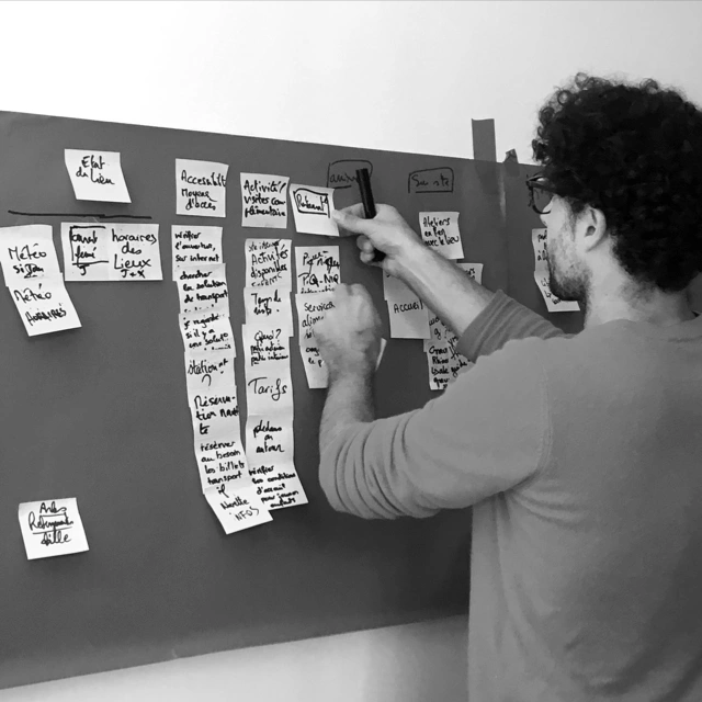 utilisateur qui colle des post-it pendant un atelier