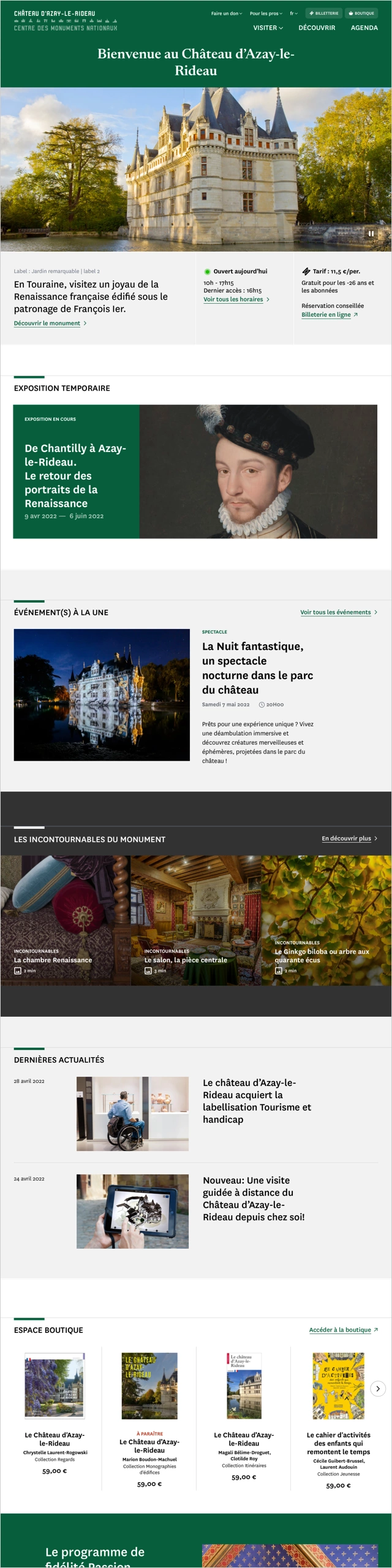 Design UX/UI desktop de la page d'accueil d'un monument du Centre des monuments nationaux