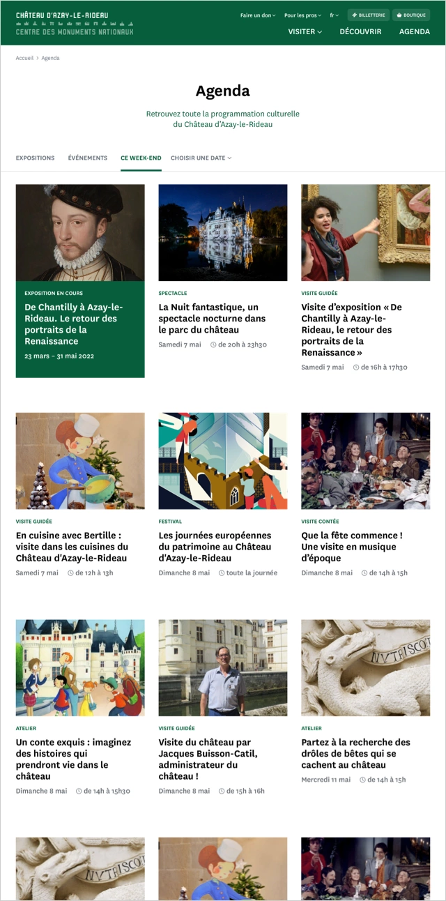 Design UX/UI desktop de la page agenda d'un monument du Centre des monuments nationaux