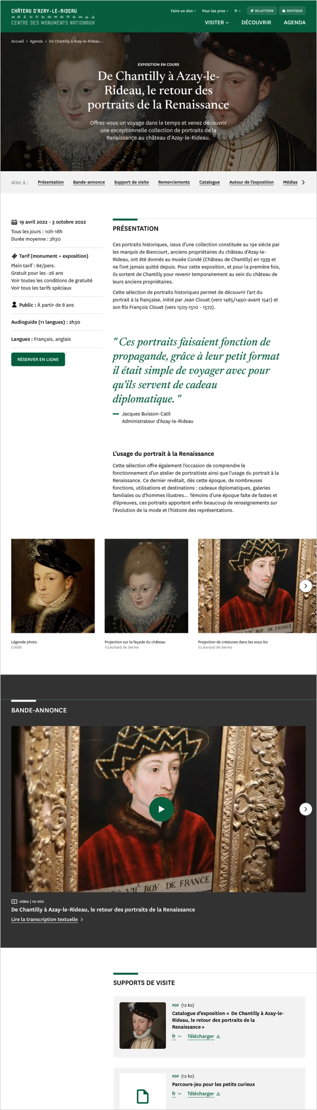 Design UX/UI desktop de la page exposition d'un monument du Centre des monuments nationaux