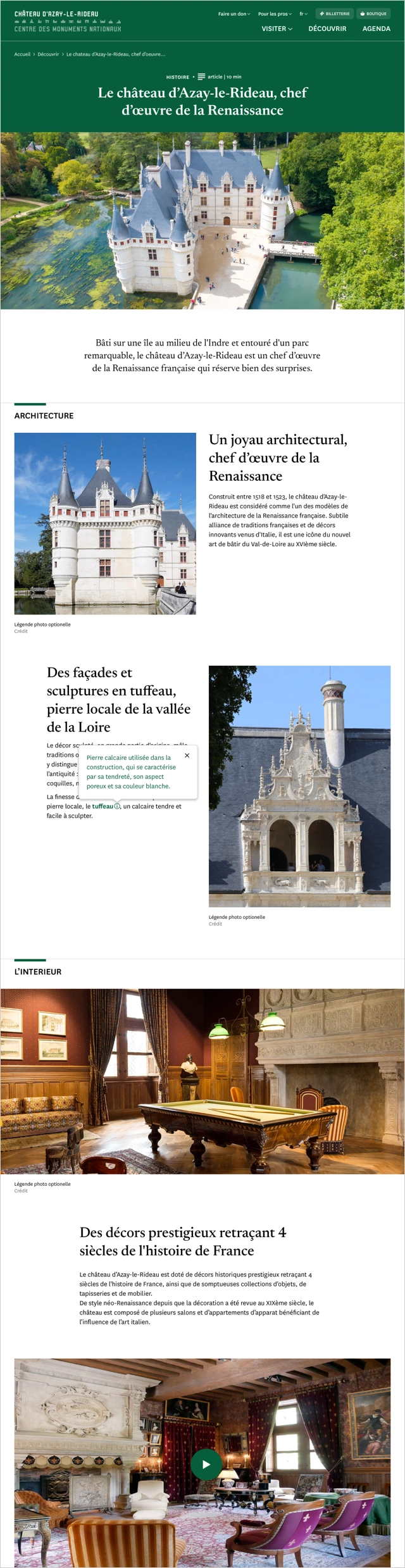 Design UX/UI desktop de la page article d'un monument du Centre des monuments nationaux