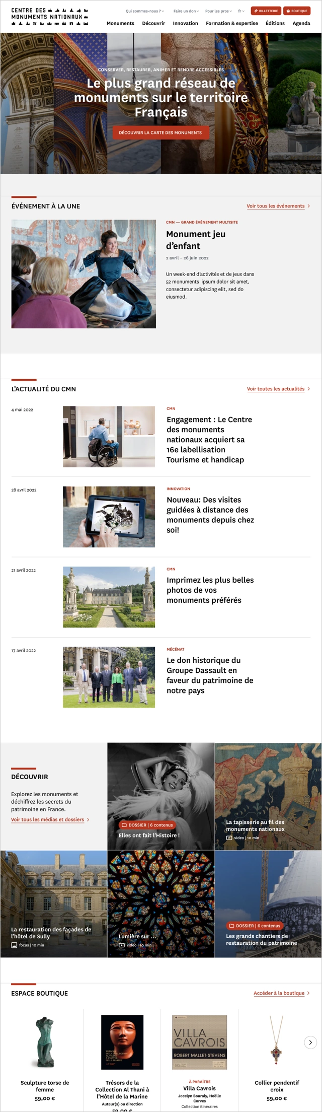 Design UX/UI desktop de la page d'accueil du site portail du Centre des monuments nationaux