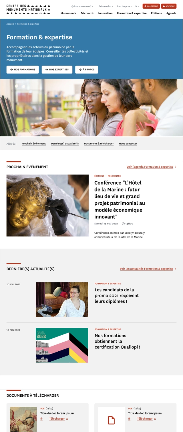 Design UX/UI desktop de la page formation du site portail du Centre des monuments nationaux